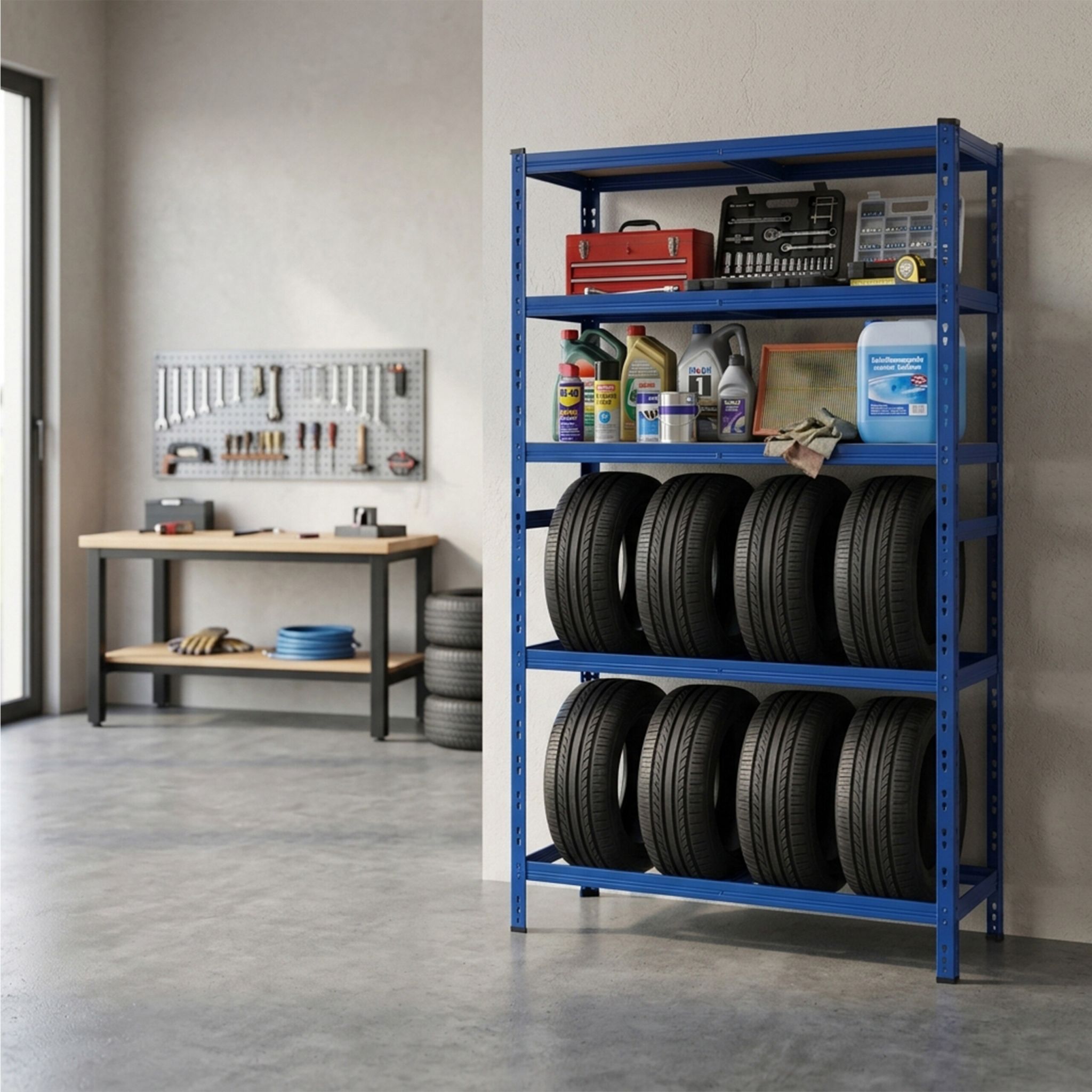 Reifenregal mit 3 Ablagen Blau von Relaxdays