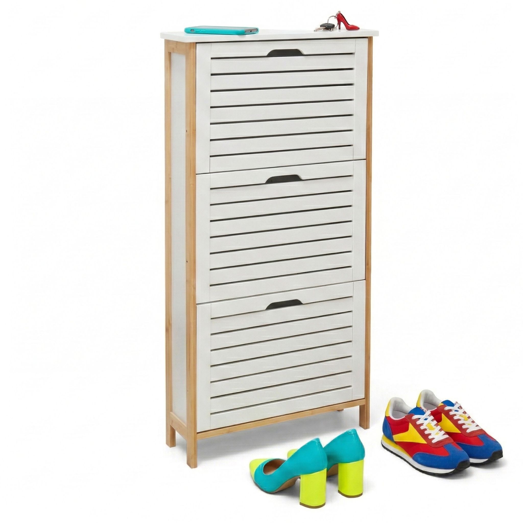 Schuhschrank Kipper Bambus & MDF Weiss-Hellbraun von Relaxdays