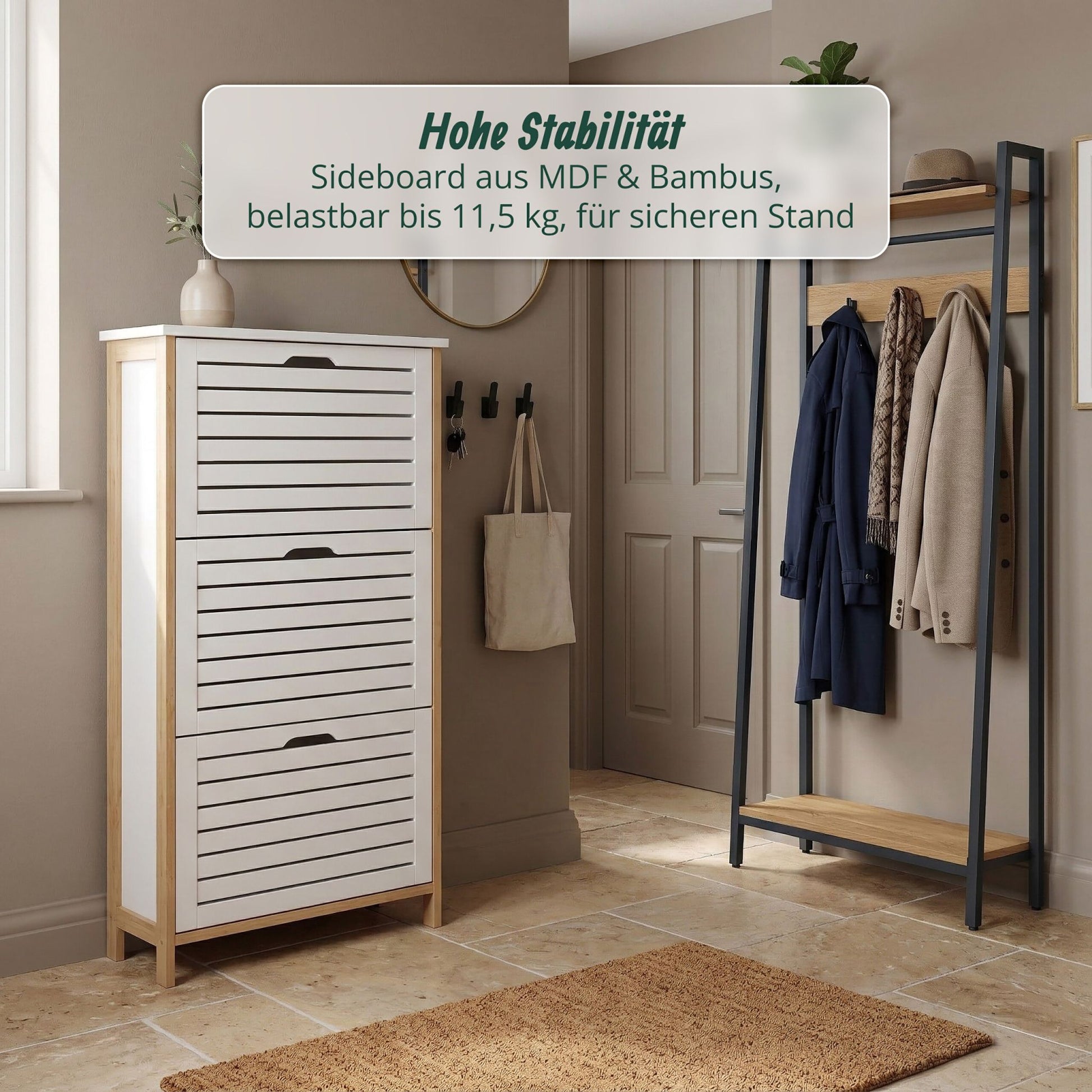 Schuhschrank Kipper Bambus & MDF Weiss-Hellbraun von Relaxdays