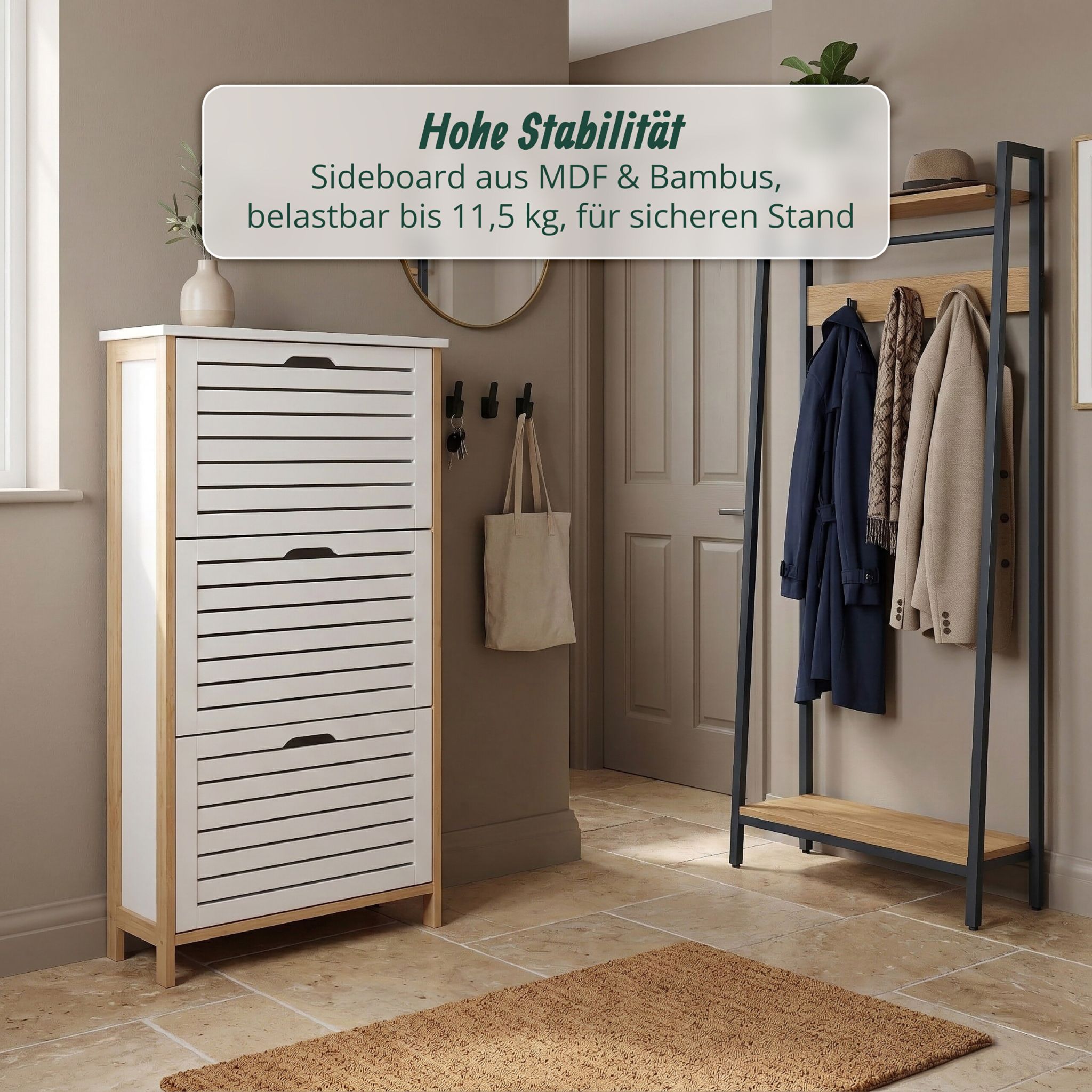 Schuhschrank Kipper Bambus & MDF Weiss-Hellbraun von Relaxdays