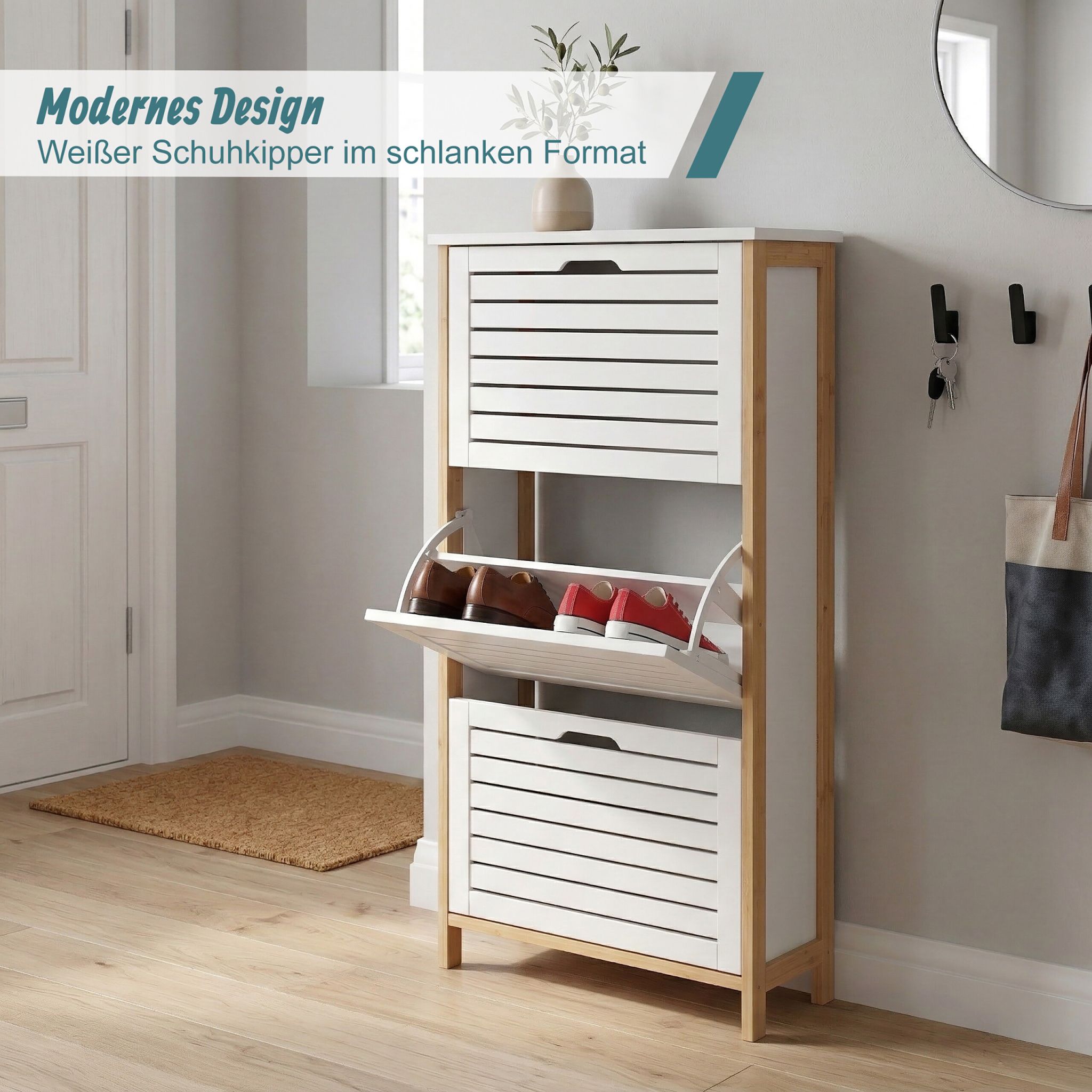Schuhschrank Kipper Bambus & MDF Weiss-Hellbraun von Relaxdays
