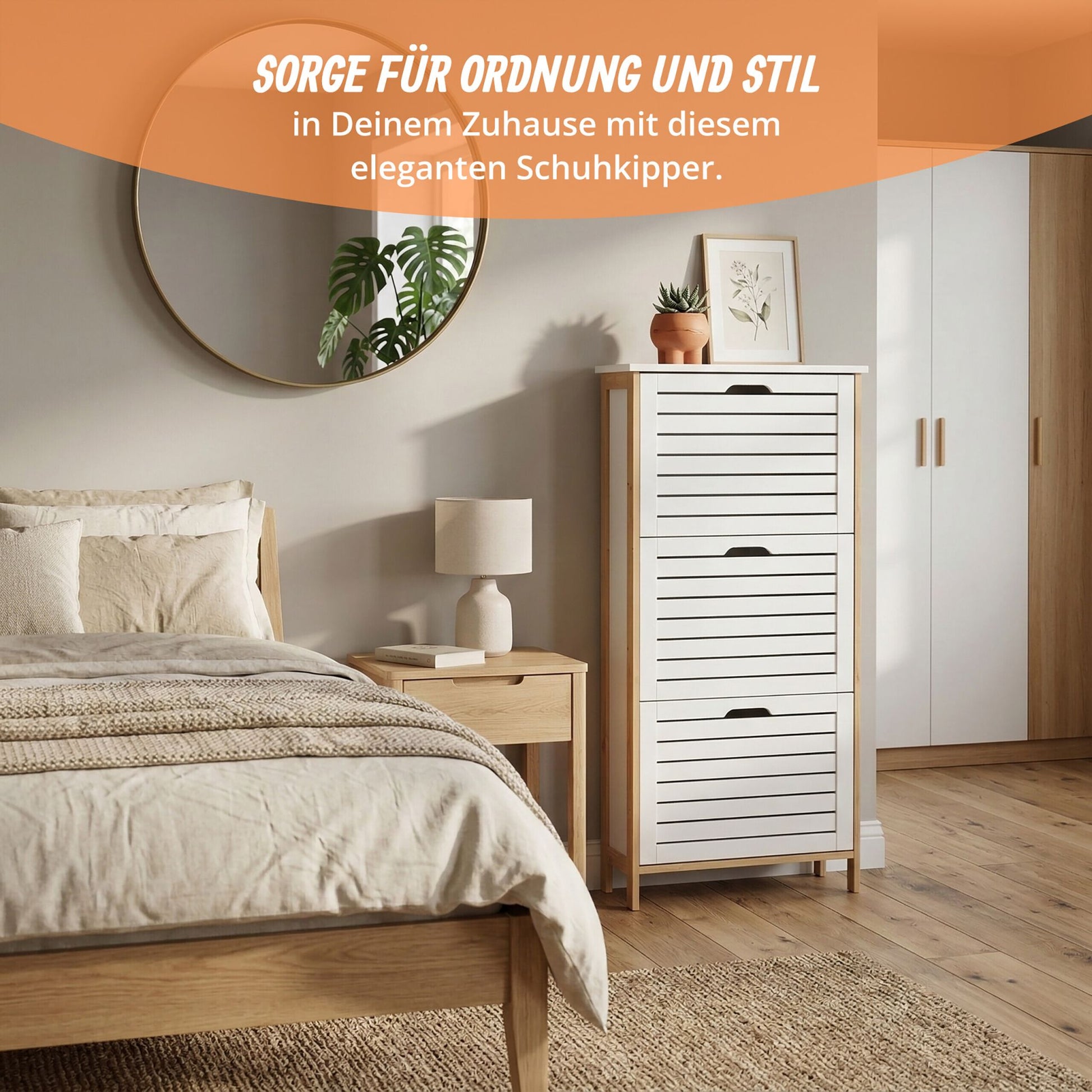 Schuhschrank Kipper Bambus & MDF Weiss-Hellbraun von Relaxdays