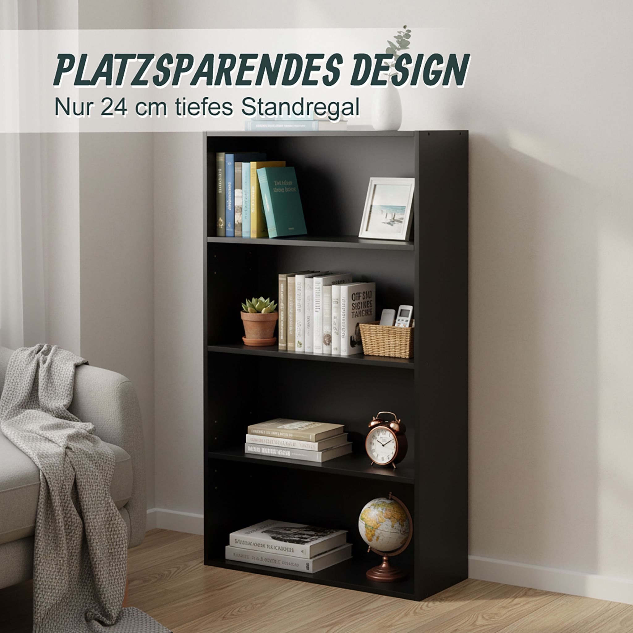Bücherregal mit verstellbaren Böden Schwarz von Relaxdays