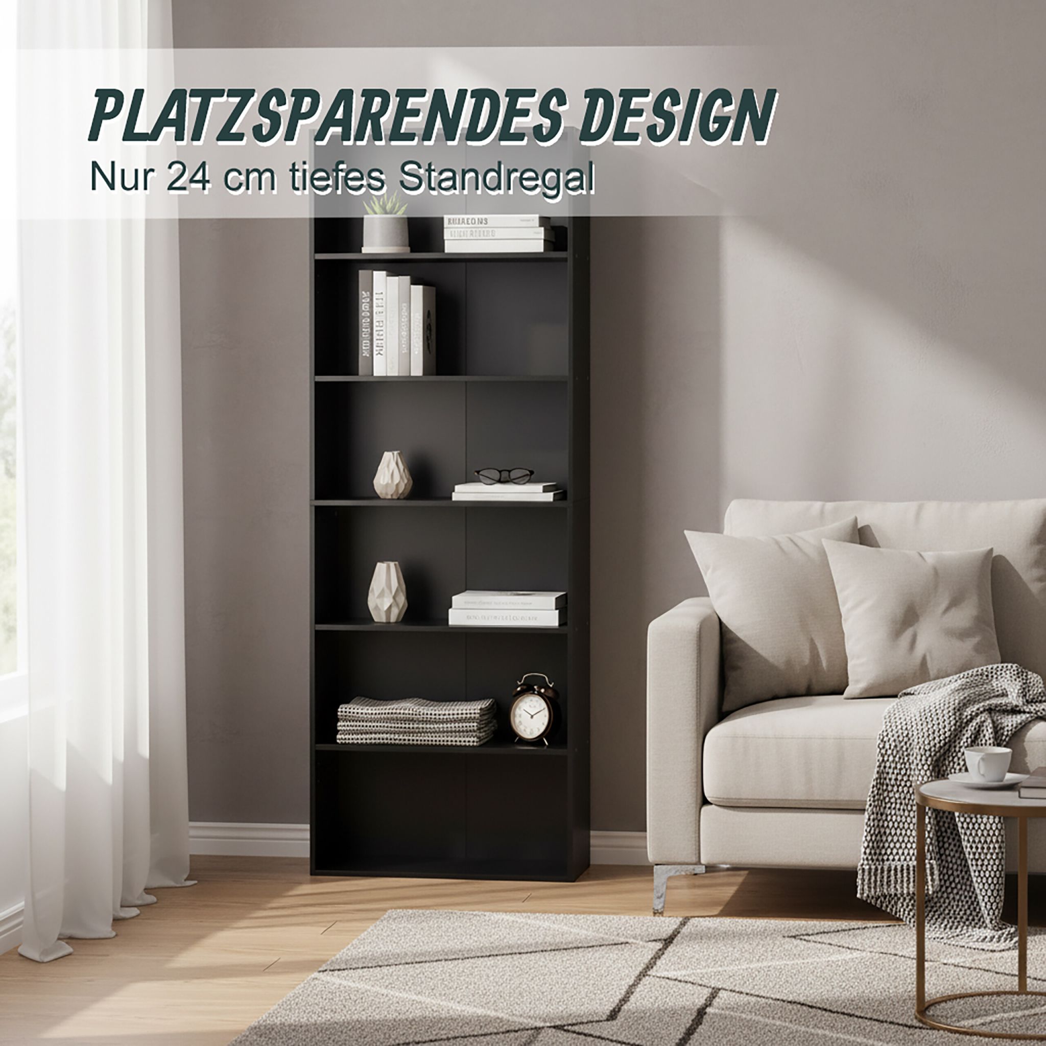 Bücherregal mit verstellbaren Böden Schwarz von Relaxdays