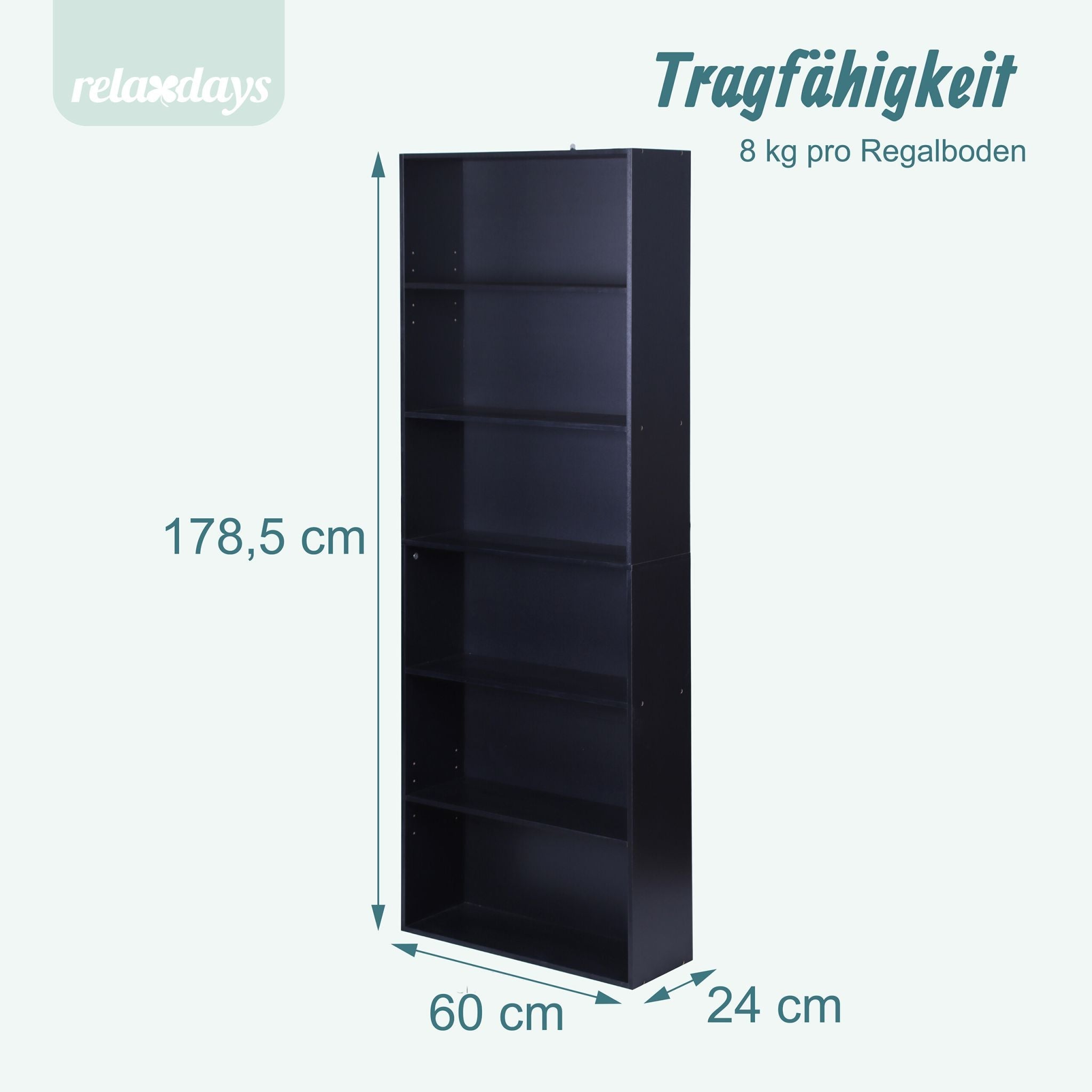 Bücherregal mit verstellbaren Böden Schwarz von Relaxdays