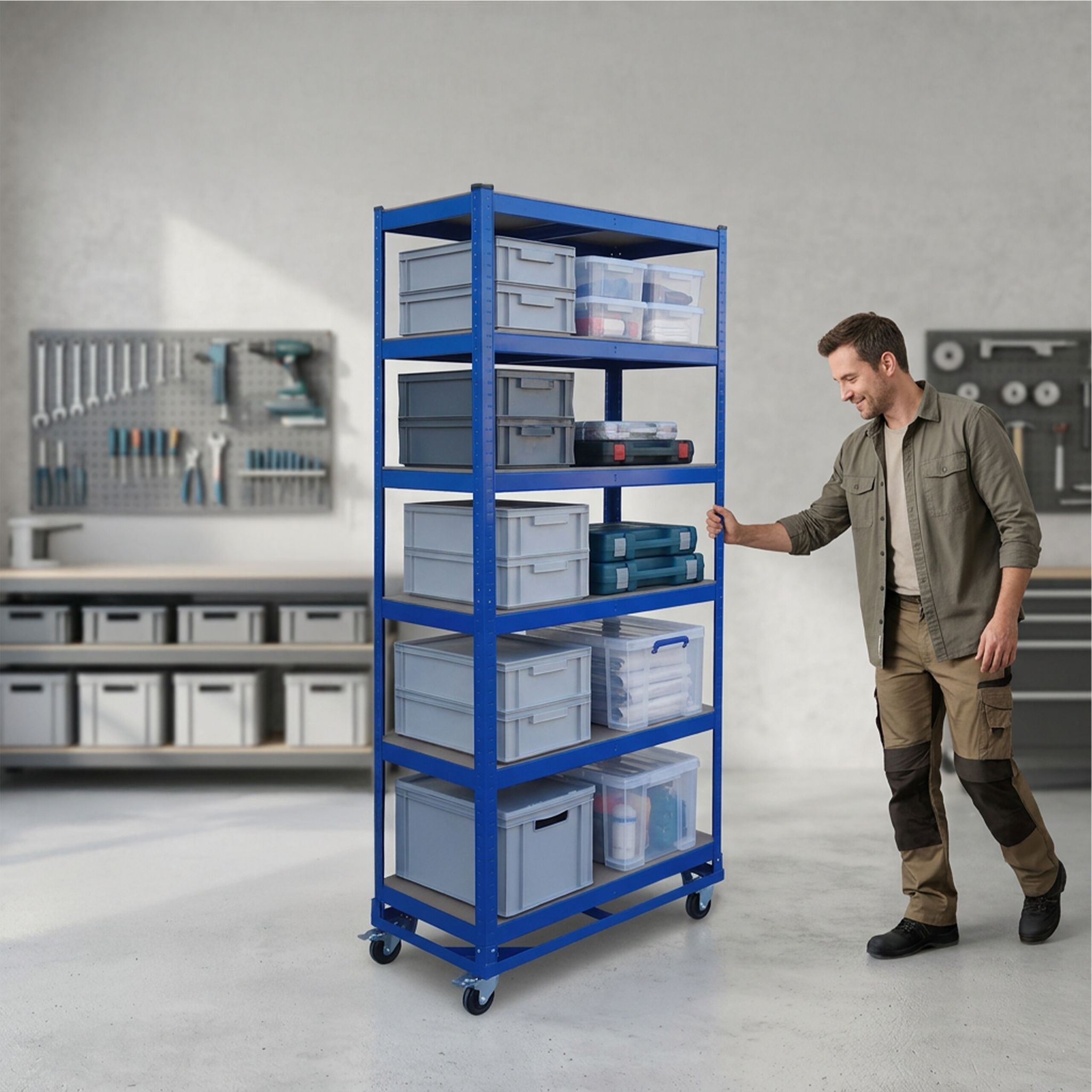 Schwerlastregal auf Rollen Blau-Hellbraun von Relaxdays