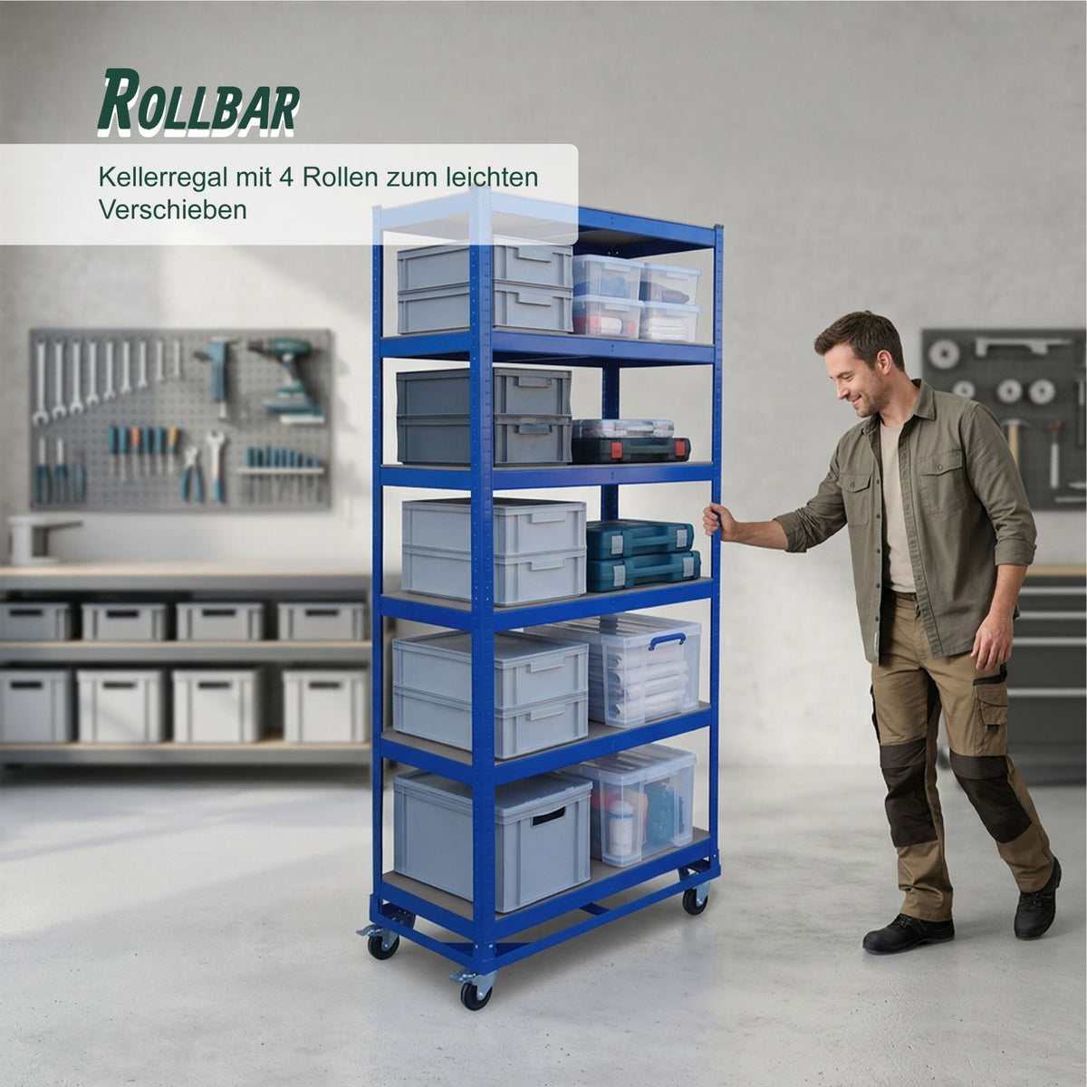 Schwerlastregal auf Rollen Blau-Hellbraun von Relaxdays