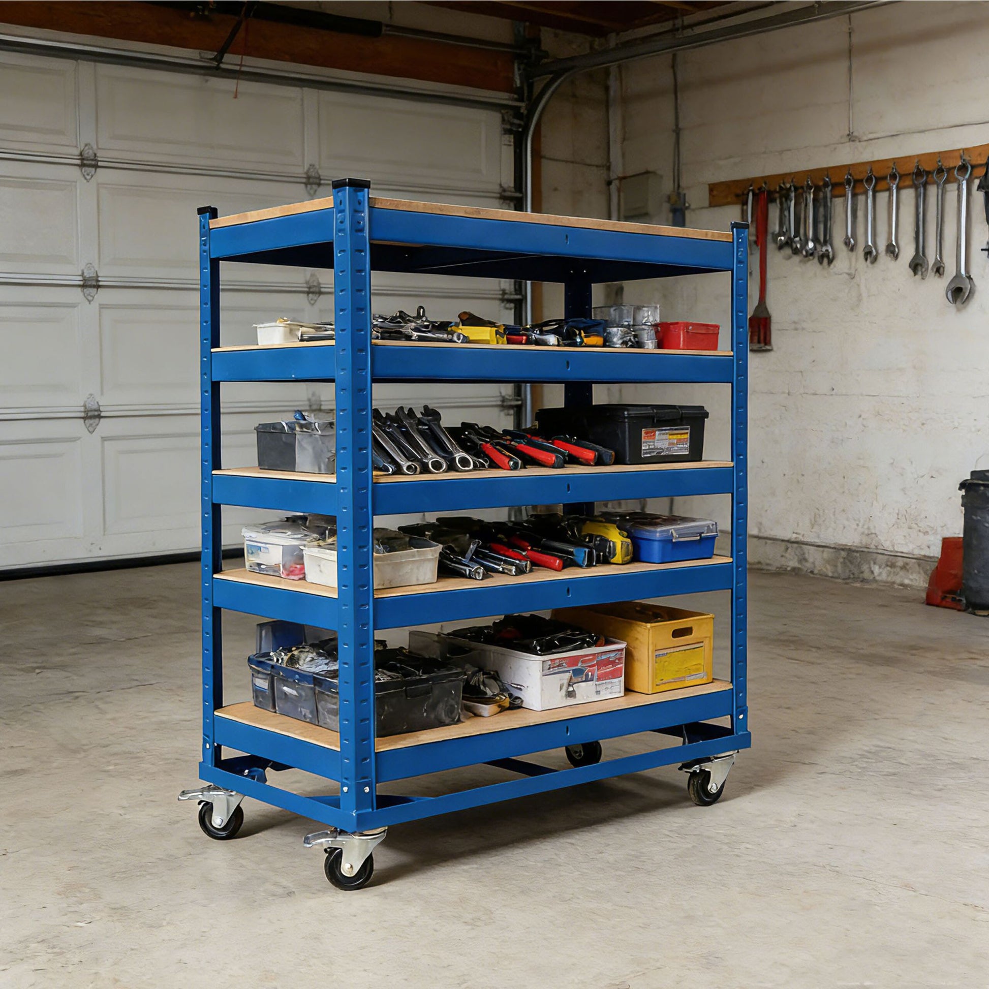 Etagenwagen 5 Ebenen mit Rollen Blau-Hellbraun von Relaxdays