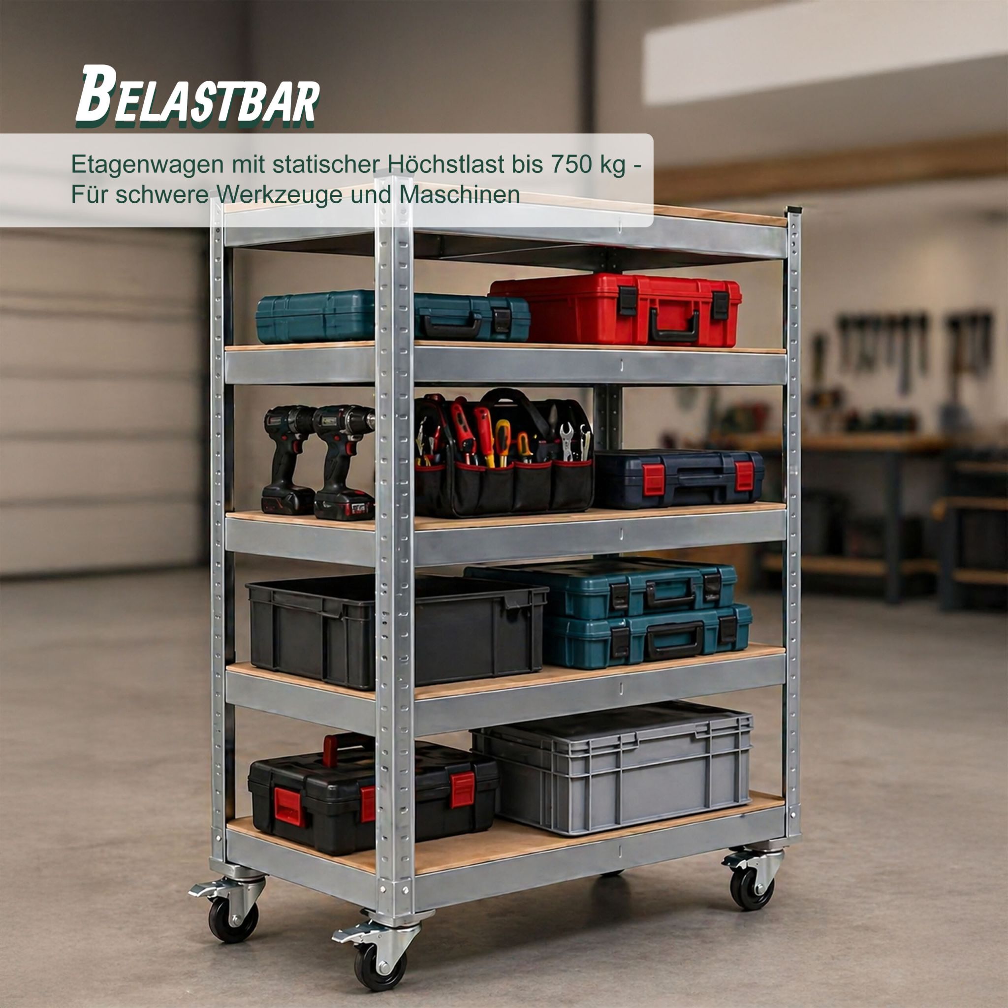 Etagenwagen 5 Ebenen mit Rollen Hellbraun-Silber von Relaxdays