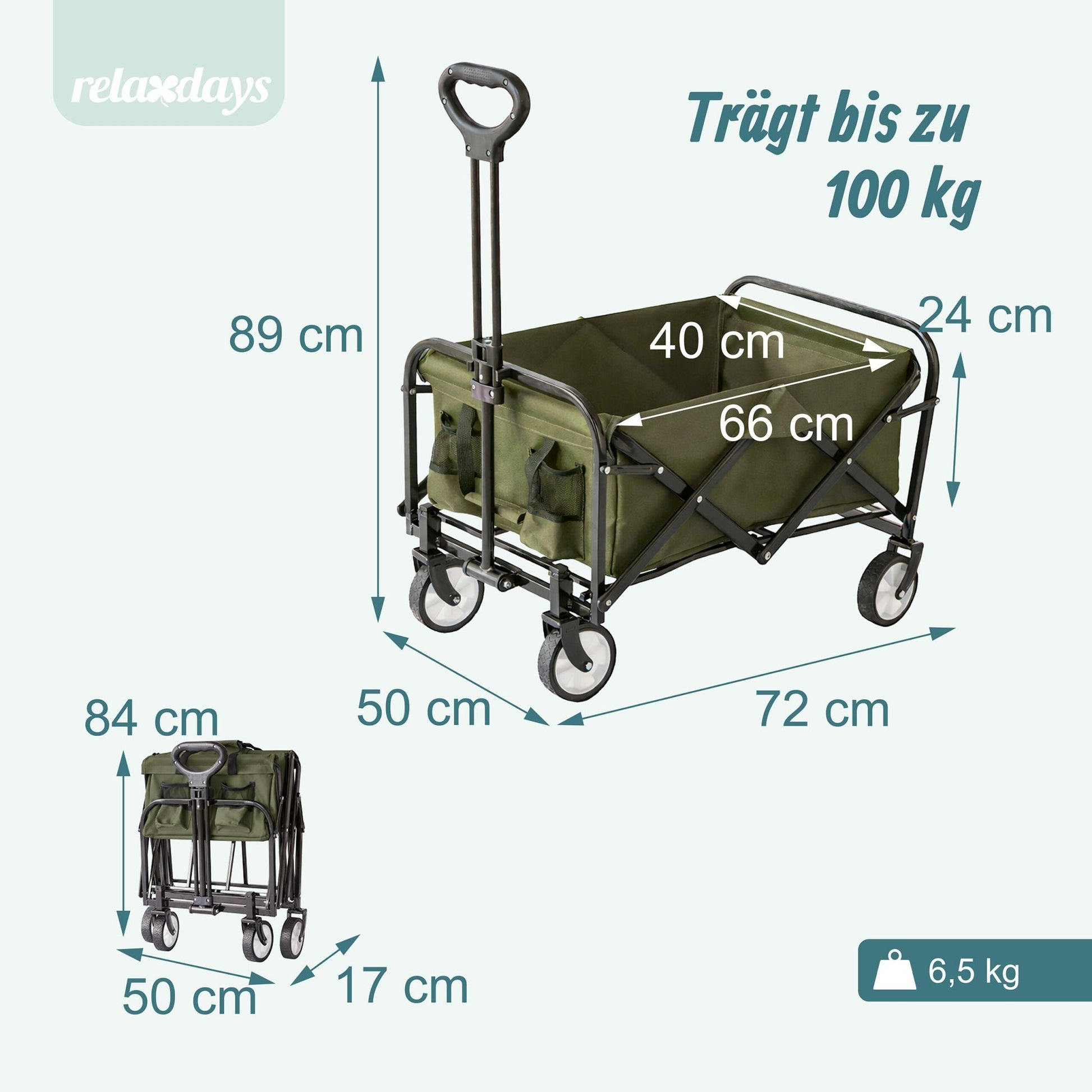 Faltbarer Bollerwagen Weiss-Dunkelgrün-Schwarz von Relaxdays