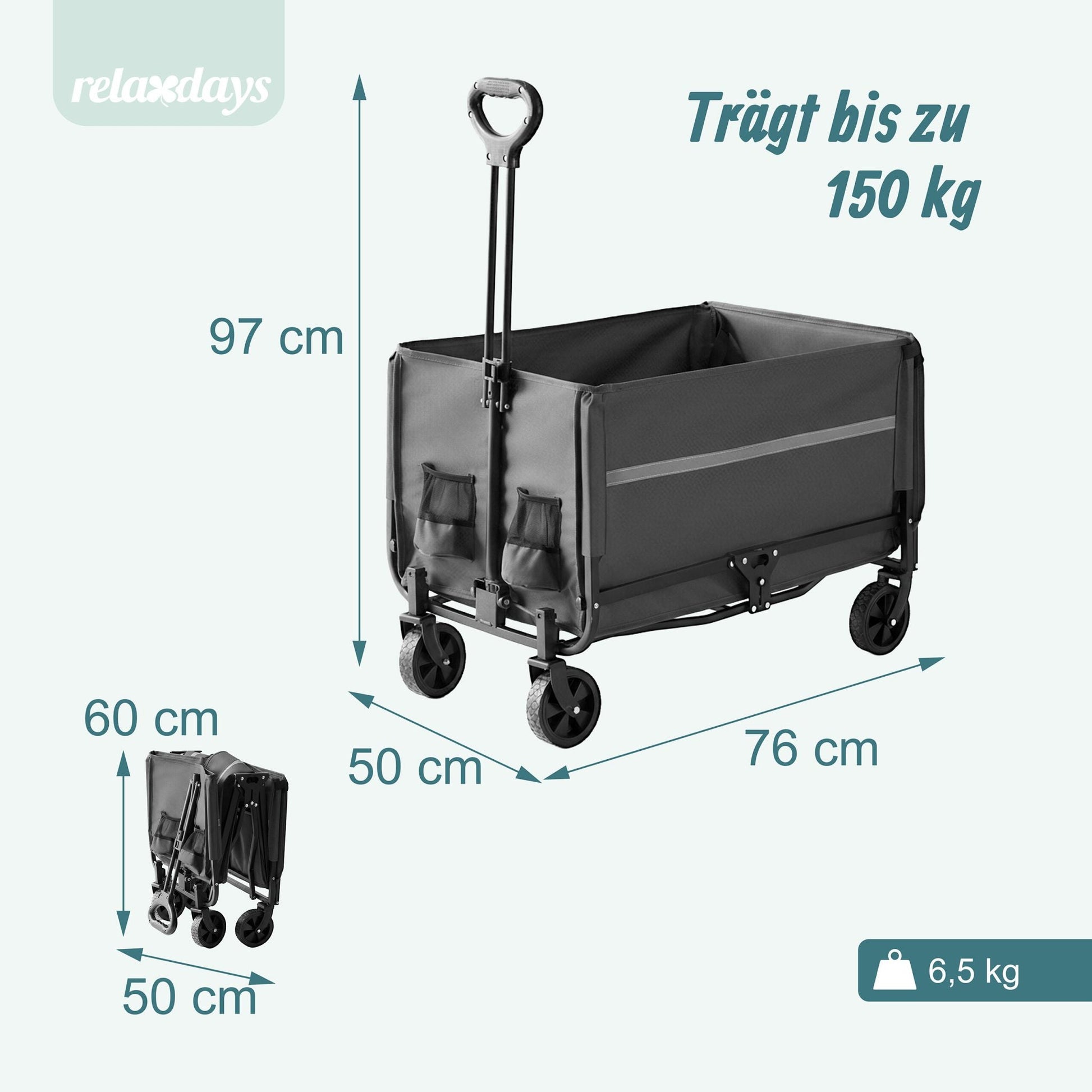 Faltbarer Bollerwagen mit Heckklappe Schwarz-Grau von Relaxdays