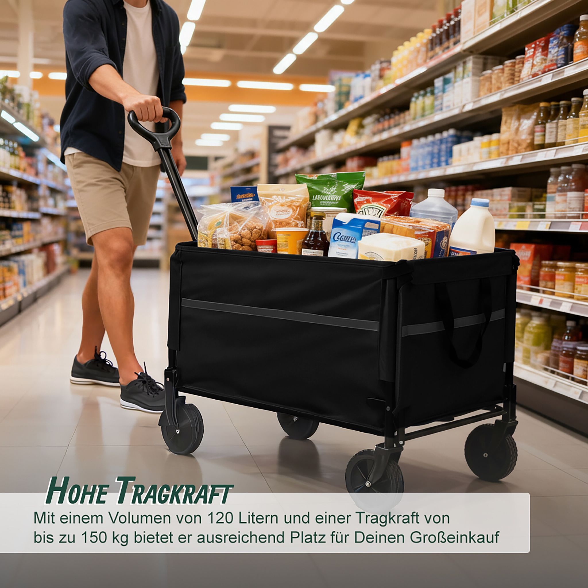Faltbarer Bollerwagen mit Heckklappe Schwarz von Relaxdays
