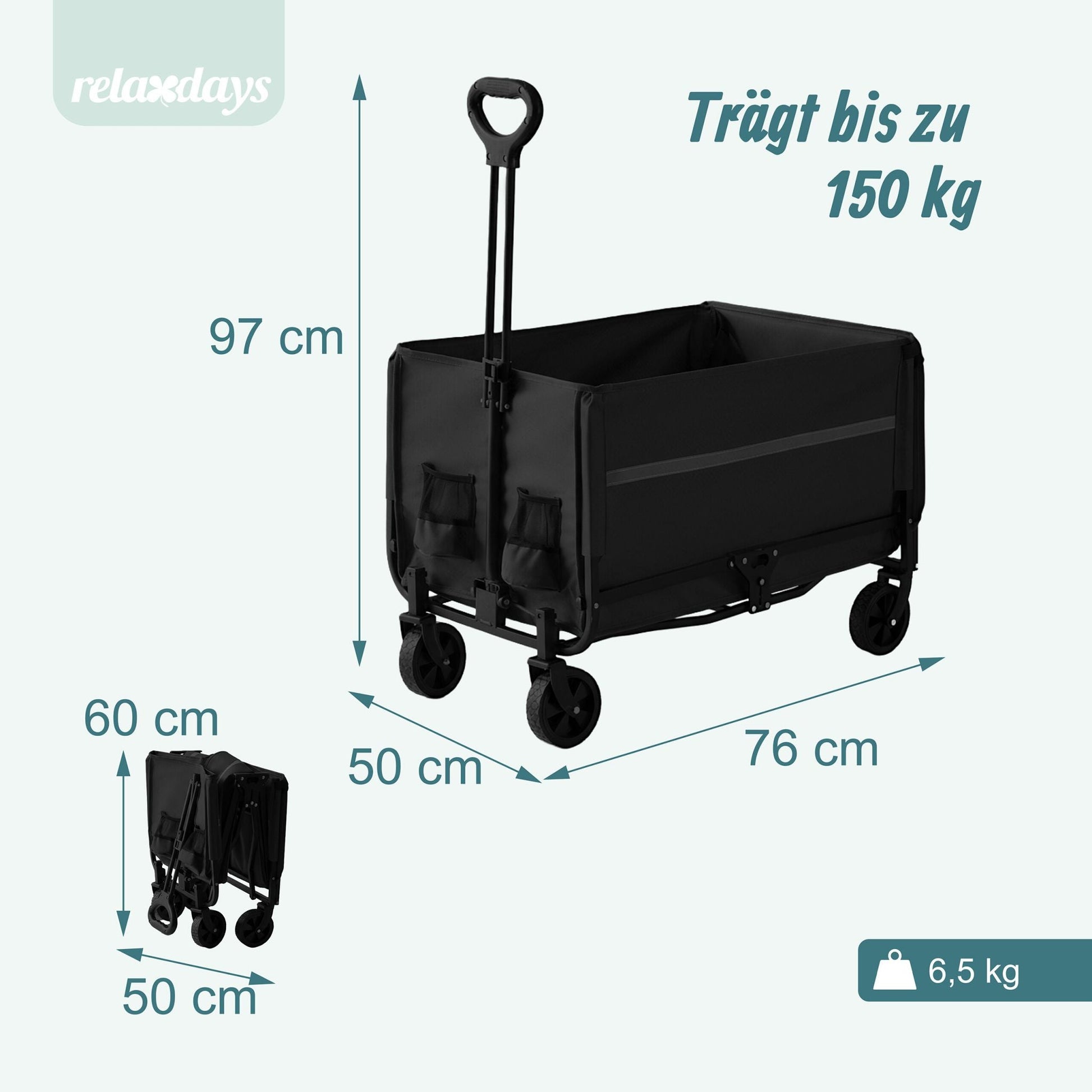 Faltbarer Bollerwagen mit Heckklappe Schwarz von Relaxdays