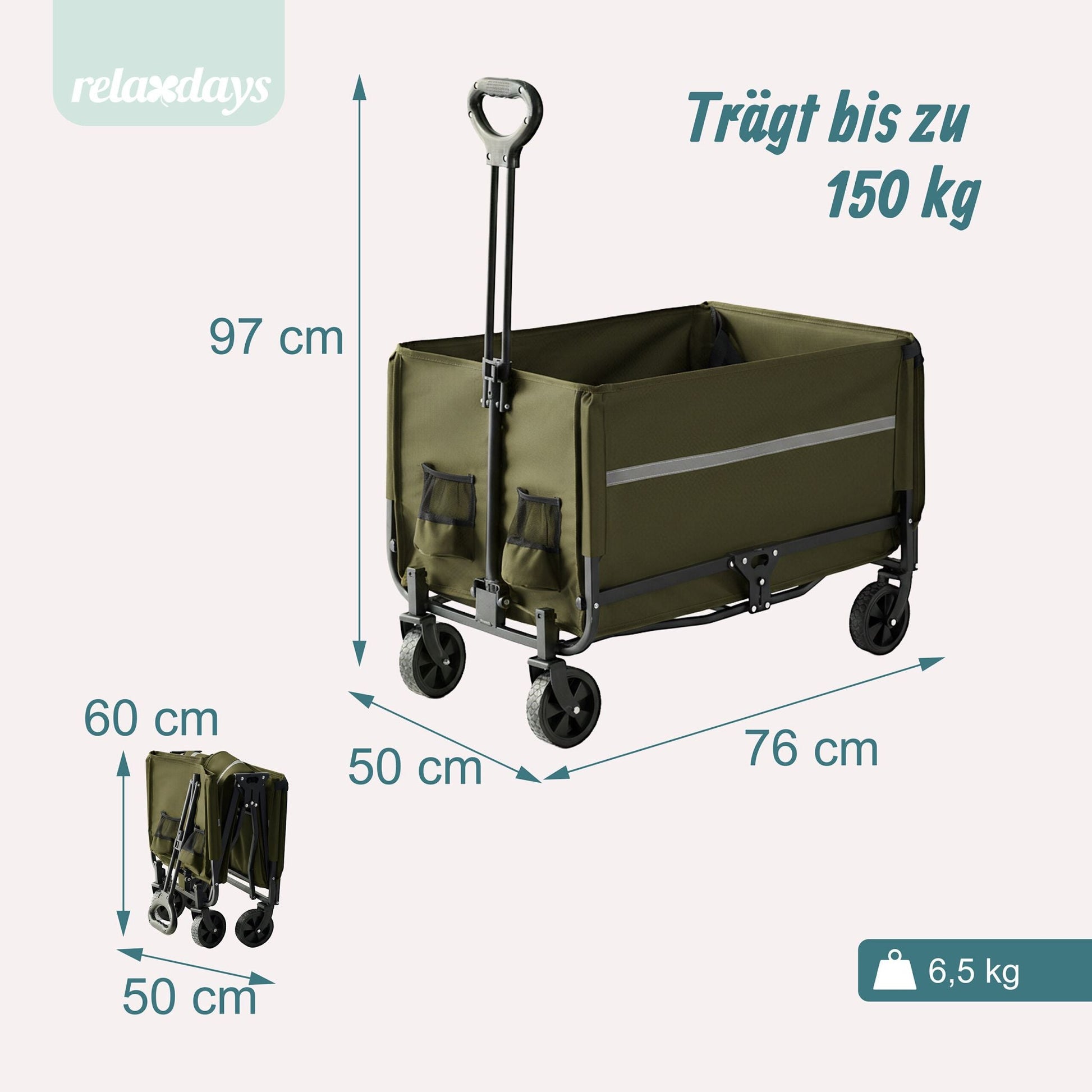 Faltbarer Bollerwagen mit Heckklappe Dunkelgrün-Schwarz von Relaxdays