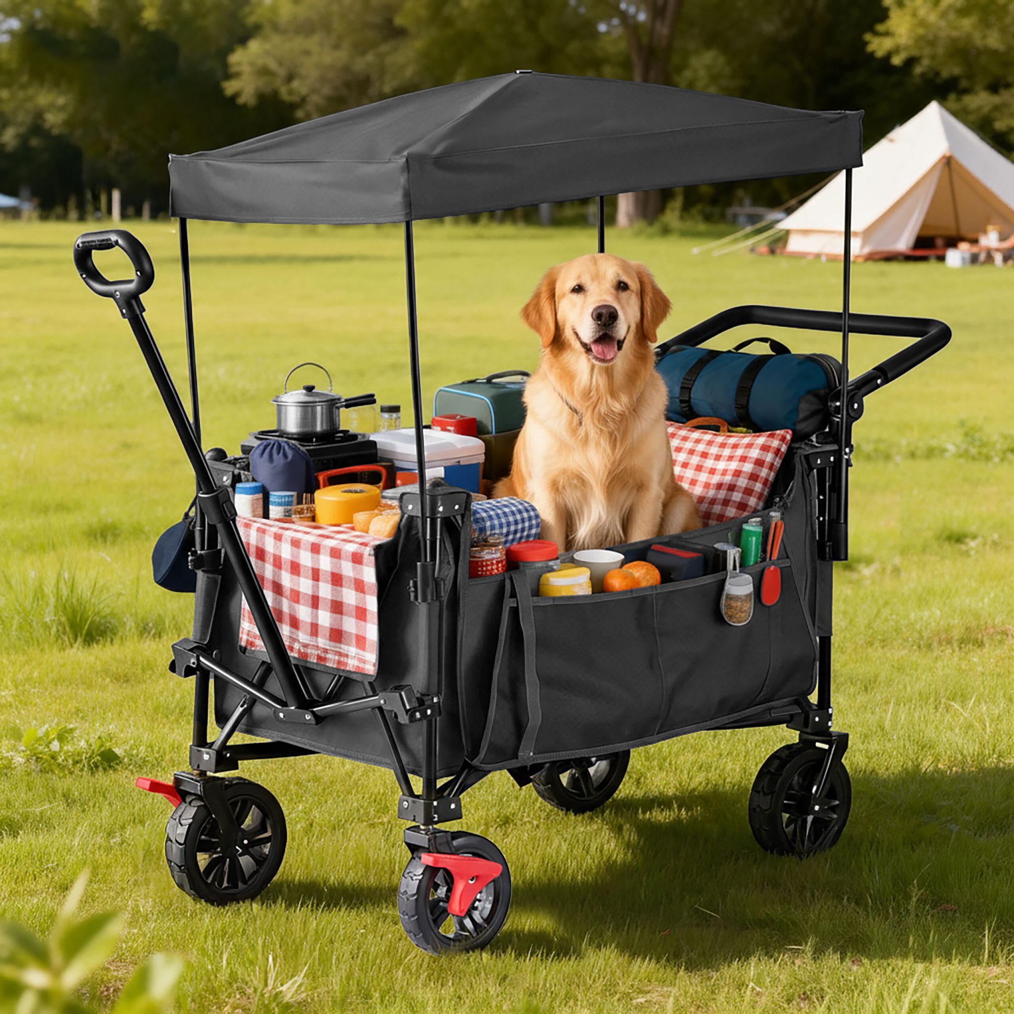 Faltbarer Bollerwagen mit Dach Schwarz-Grau von Relaxdays