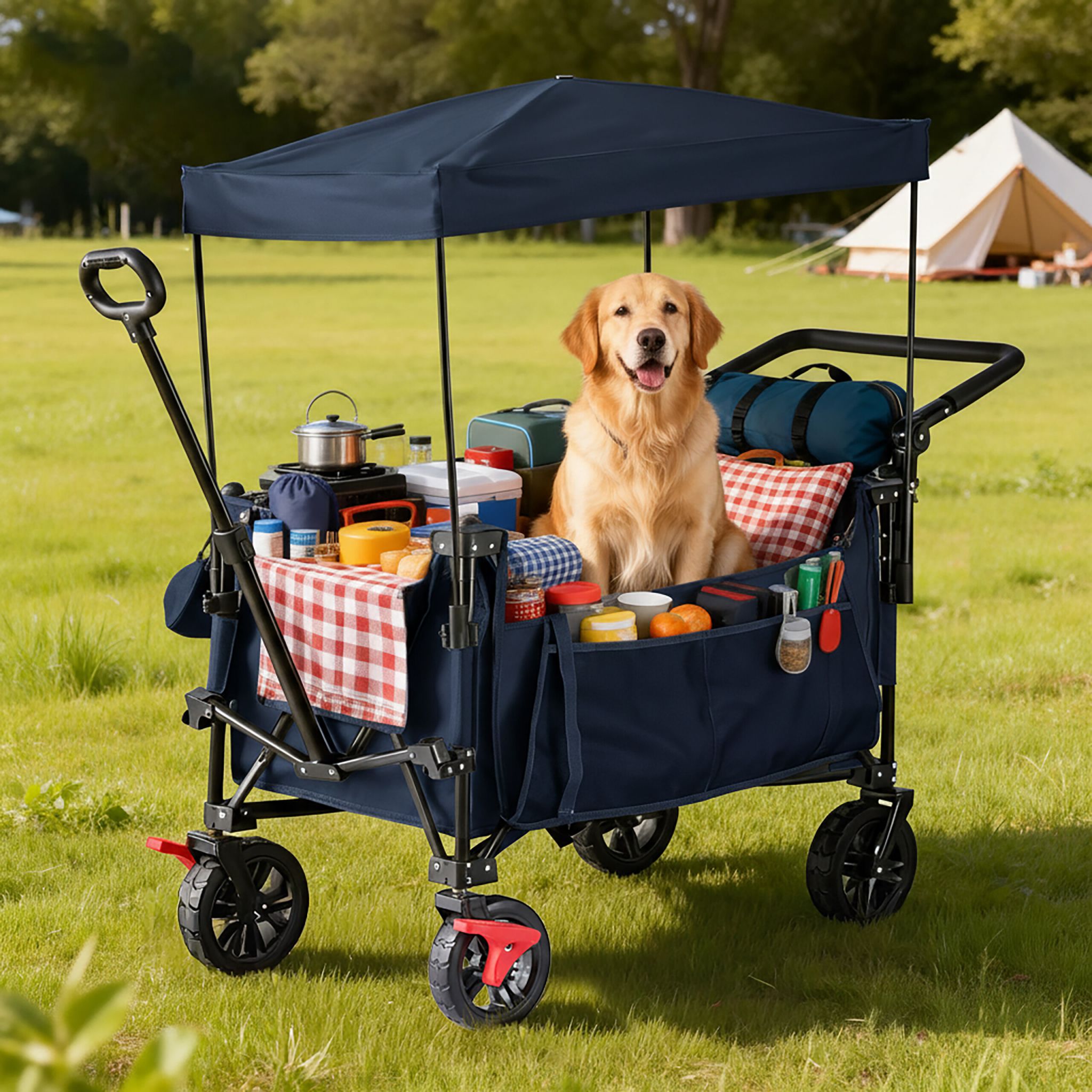 Faltbarer Bollerwagen mit Dach Dunkelblau-Schwarz von Relaxdays
