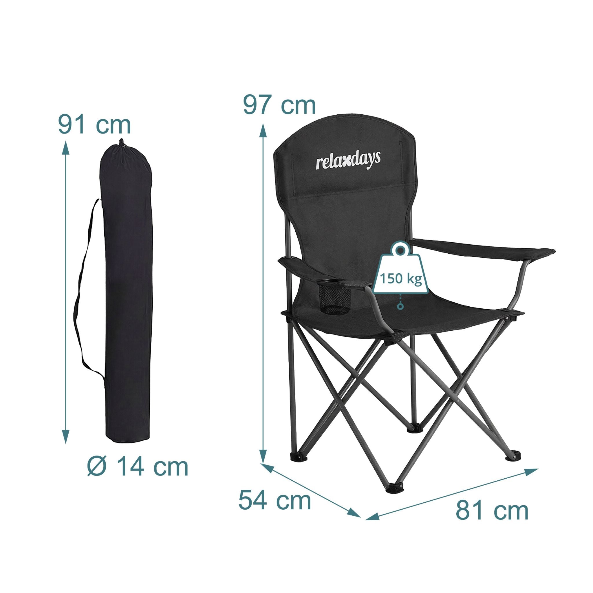 Faltbarer Camping Stuhl 2er-Set Schwarz-Silber von Relaxdays