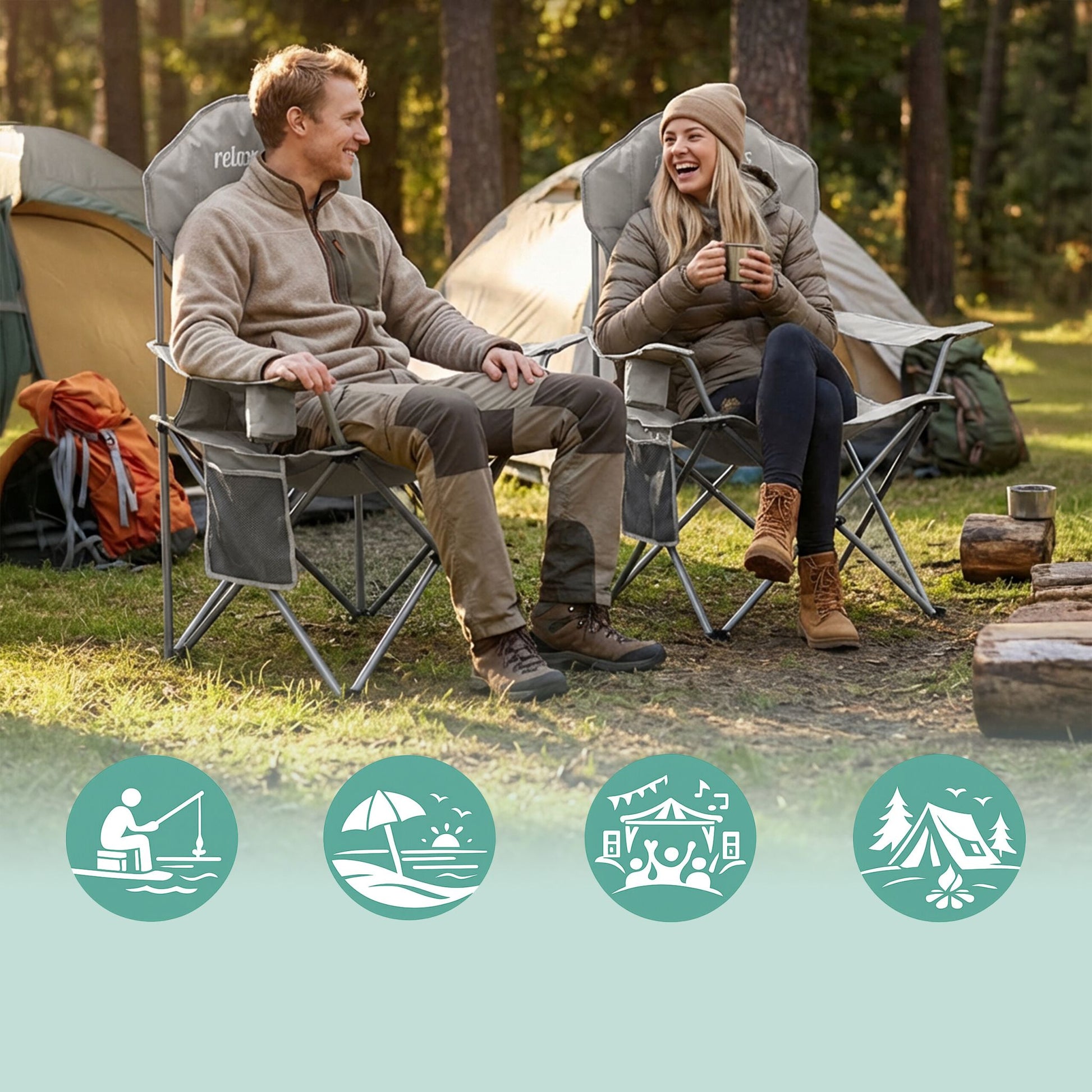 Faltbarer Camping Stuhl Beige-Silber-Grau von Relaxdays