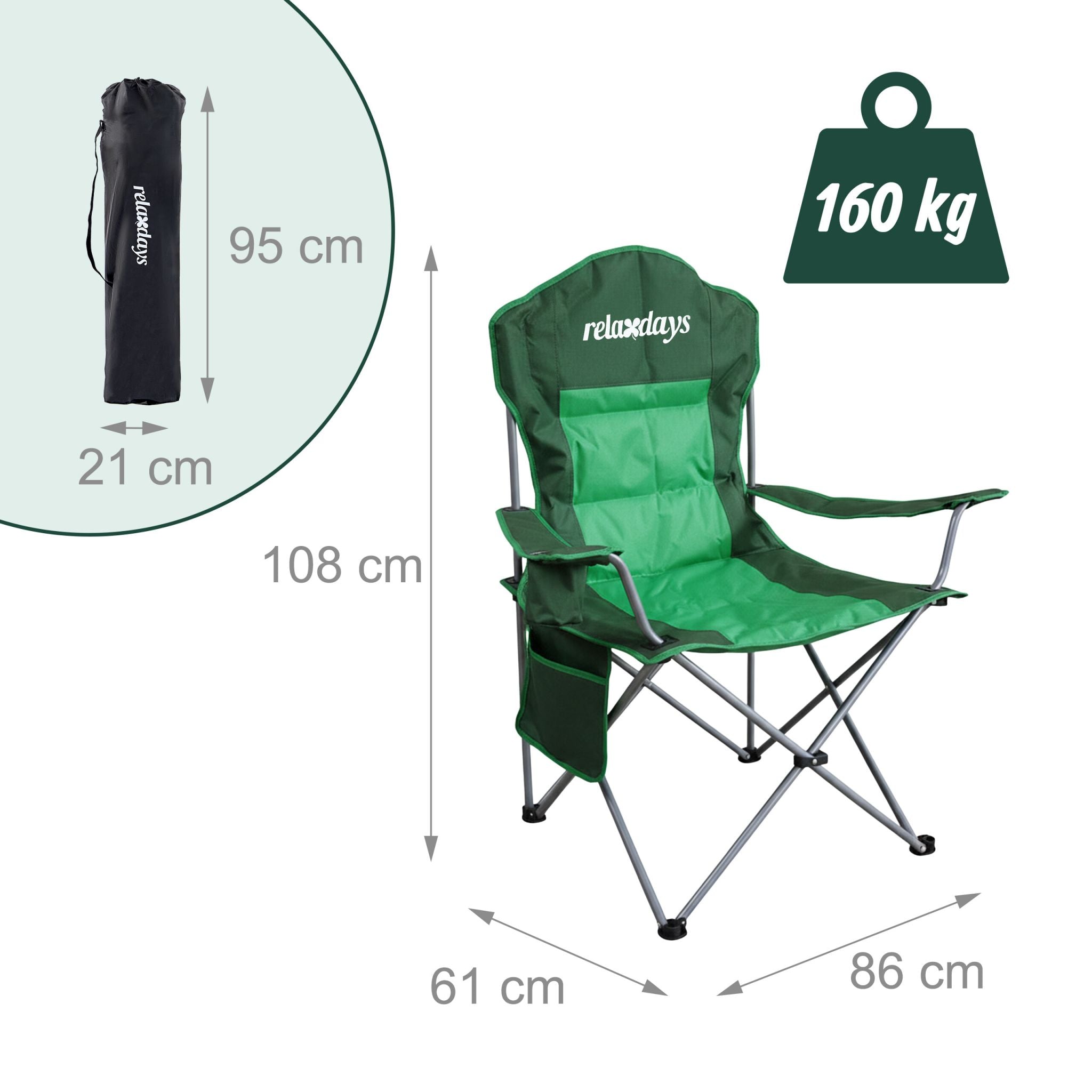 Faltbarer Camping Stuhl Dunkelgrün-Grün-Silber von Relaxdays