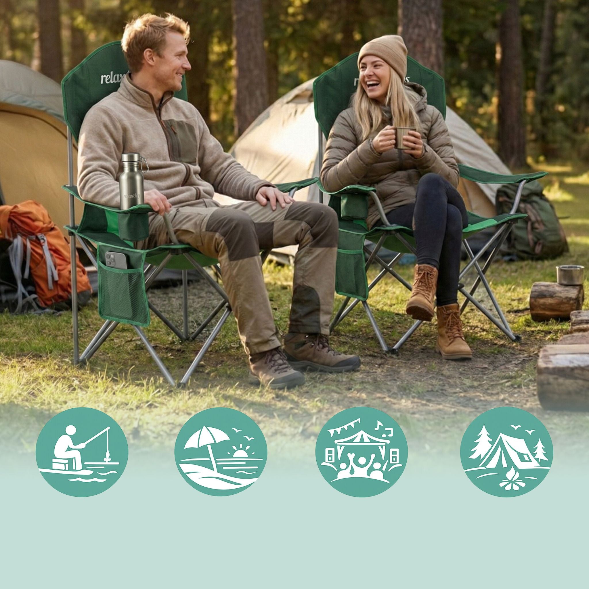 Faltbarer Camping Stuhl Dunkelgrün-Grün-Silber von Relaxdays