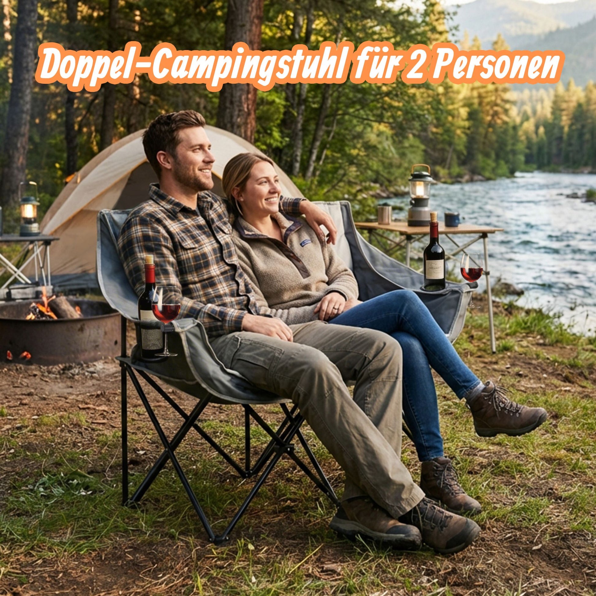 Faltbare Camping Bank für 2 Personen Creme-Schwarz-Grau von Relaxdays