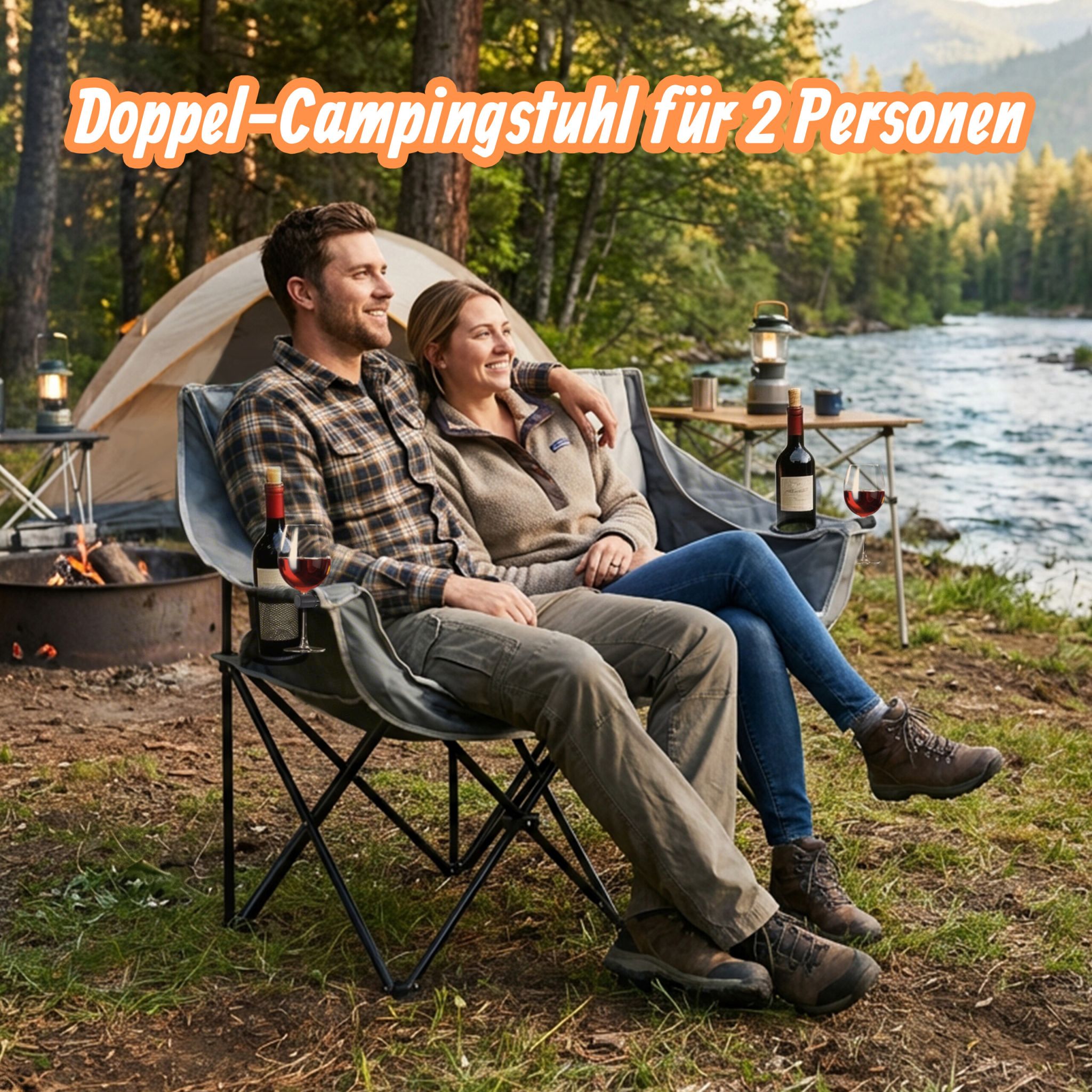 Faltbare Camping Bank für 2 Personen Creme-Schwarz-Grau von Relaxdays