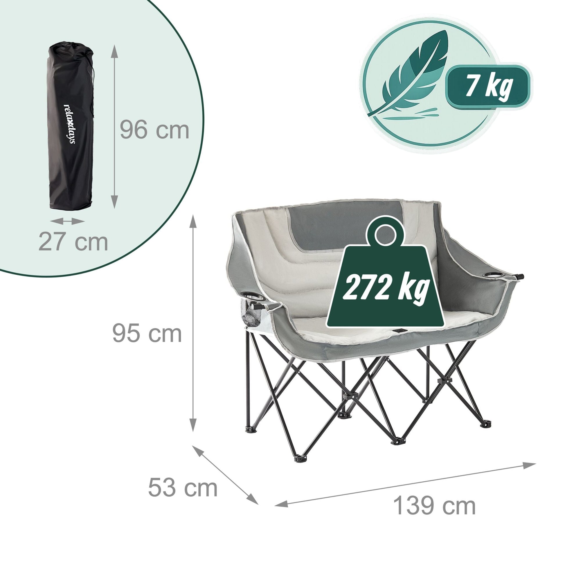 Faltbare Camping Bank für 2 Personen Creme-Schwarz-Grau von Relaxdays