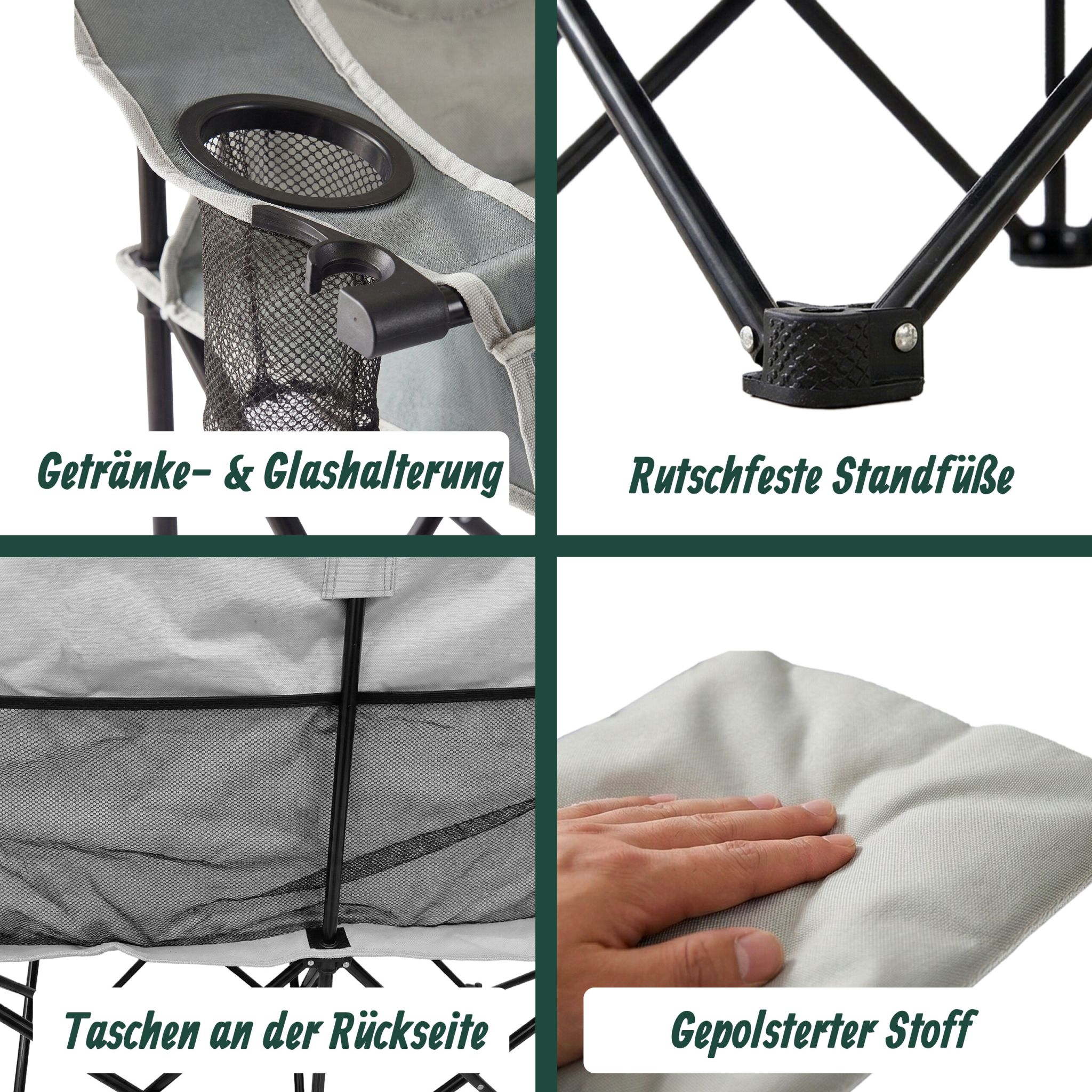 Faltbare Camping Bank für 2 Personen Creme-Schwarz-Grau von Relaxdays