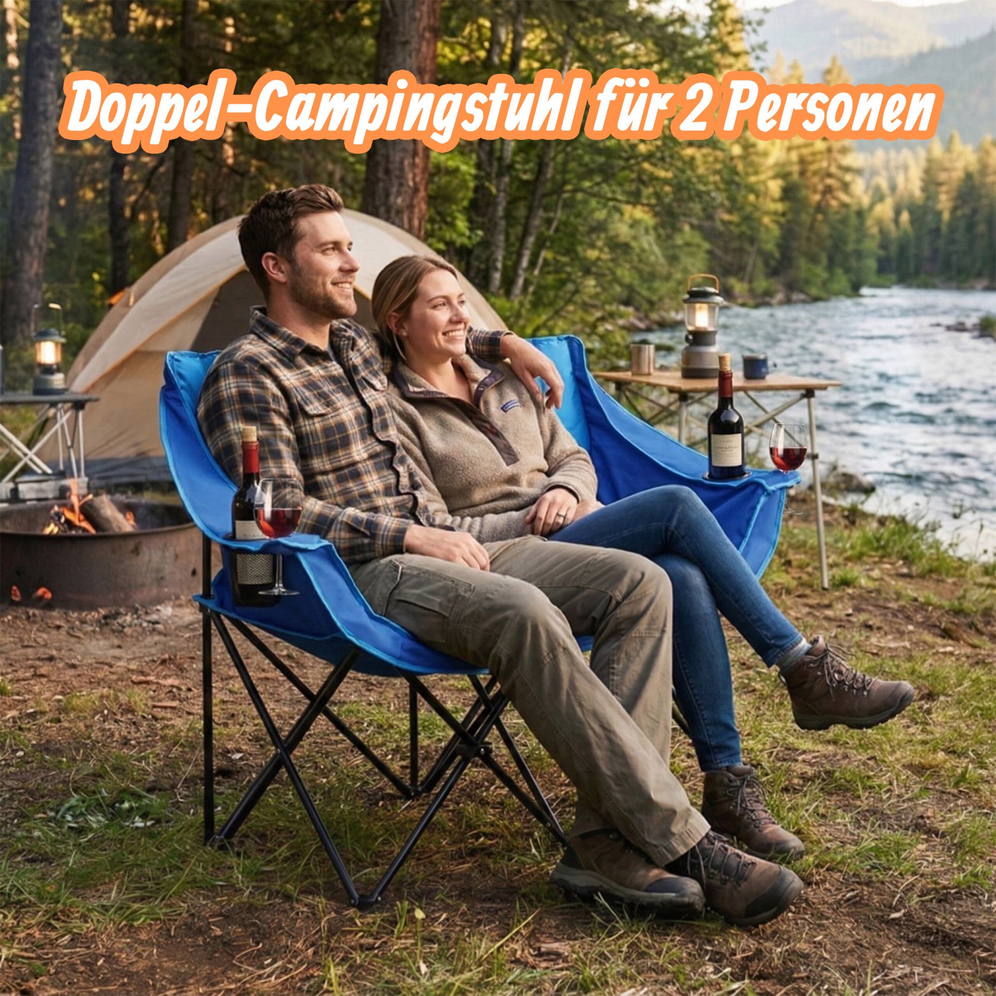 Faltbare Camping Bank für 2 Personen Blau-Schwarz