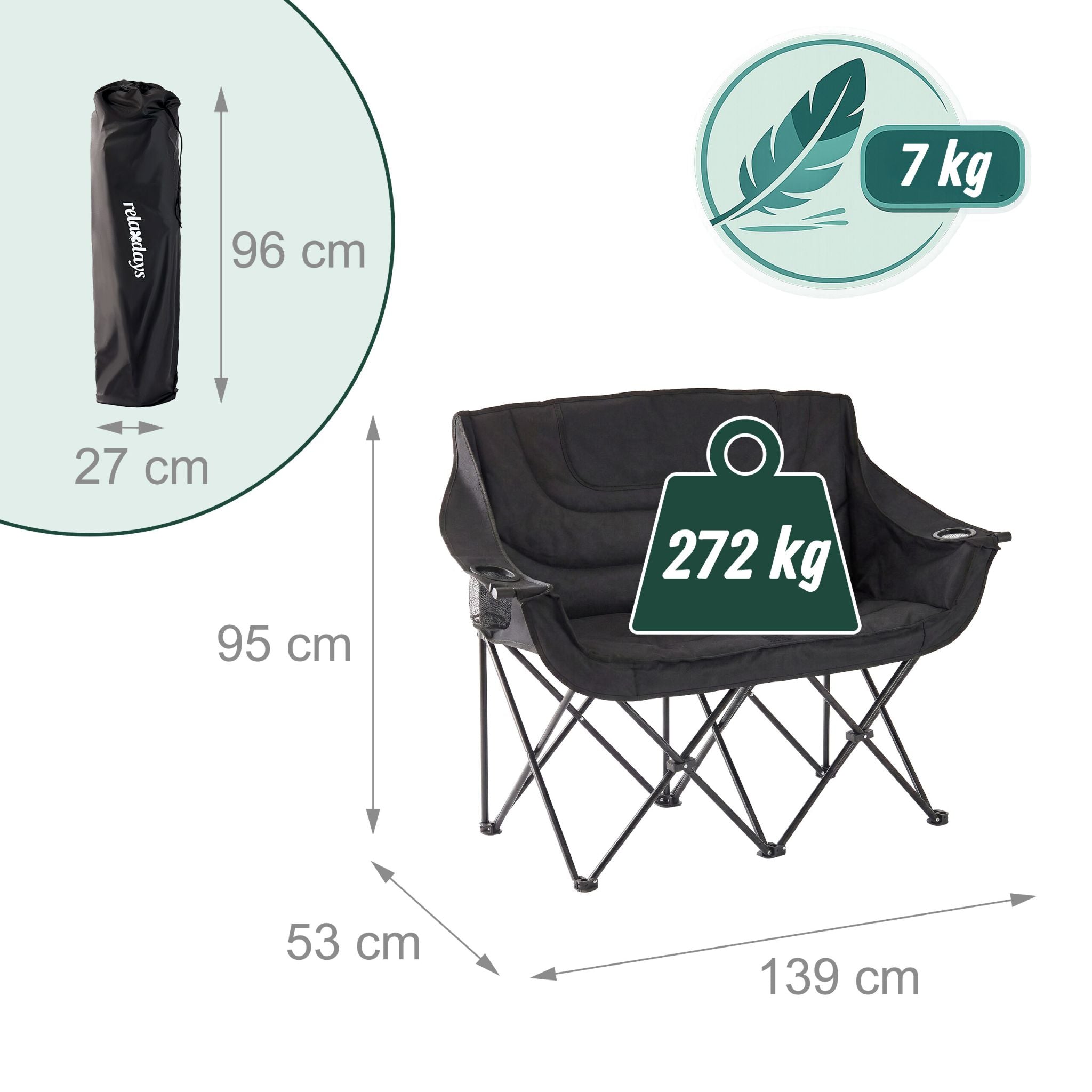 Faltbare Camping Bank für 2 Personen Schwarz