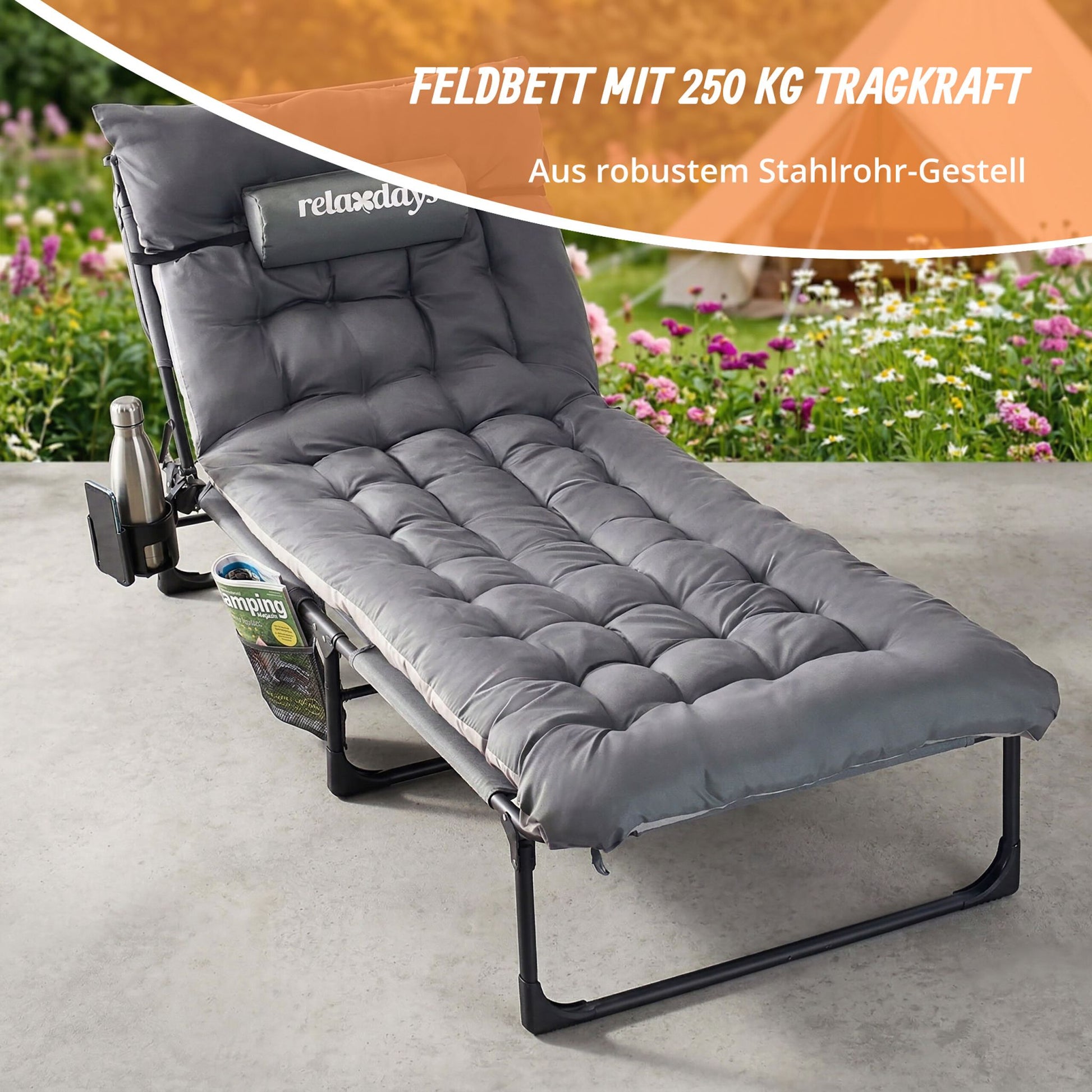 Campingbett klappbar 250kg Schwarz-Grau von Relaxdays