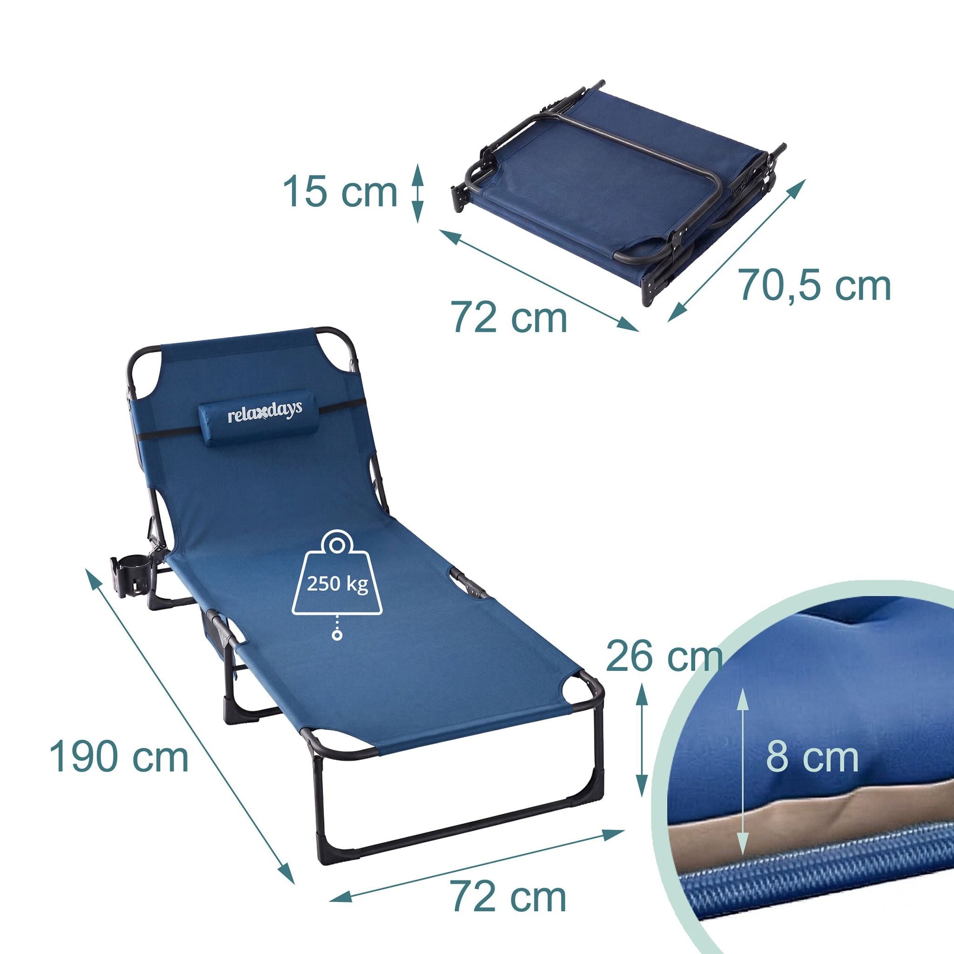 Campingbett klappbar 250kg Blau-Schwarz von Relaxdays