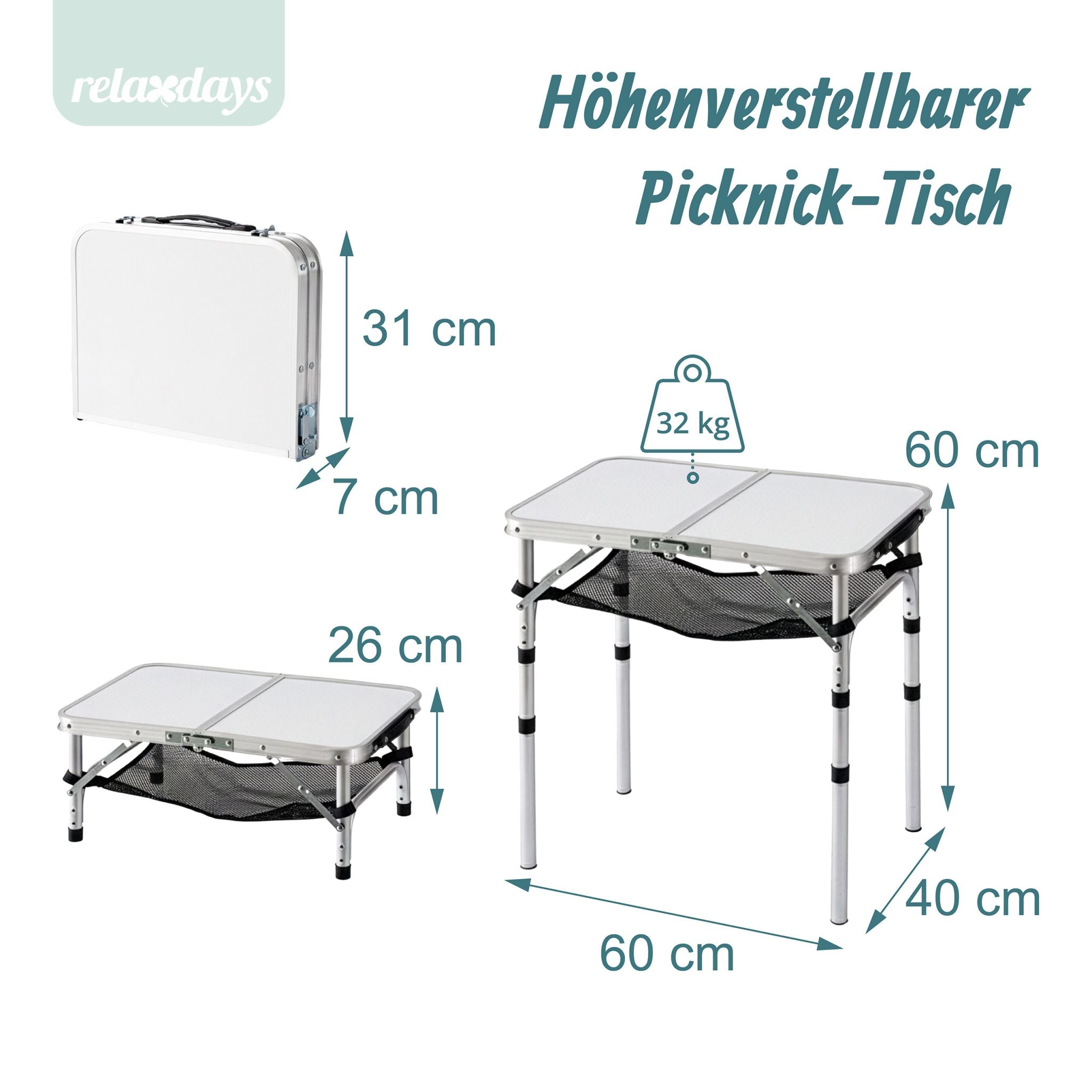 Campingtisch klappbar Weiss-Schwarz-Silber von Relaxdays