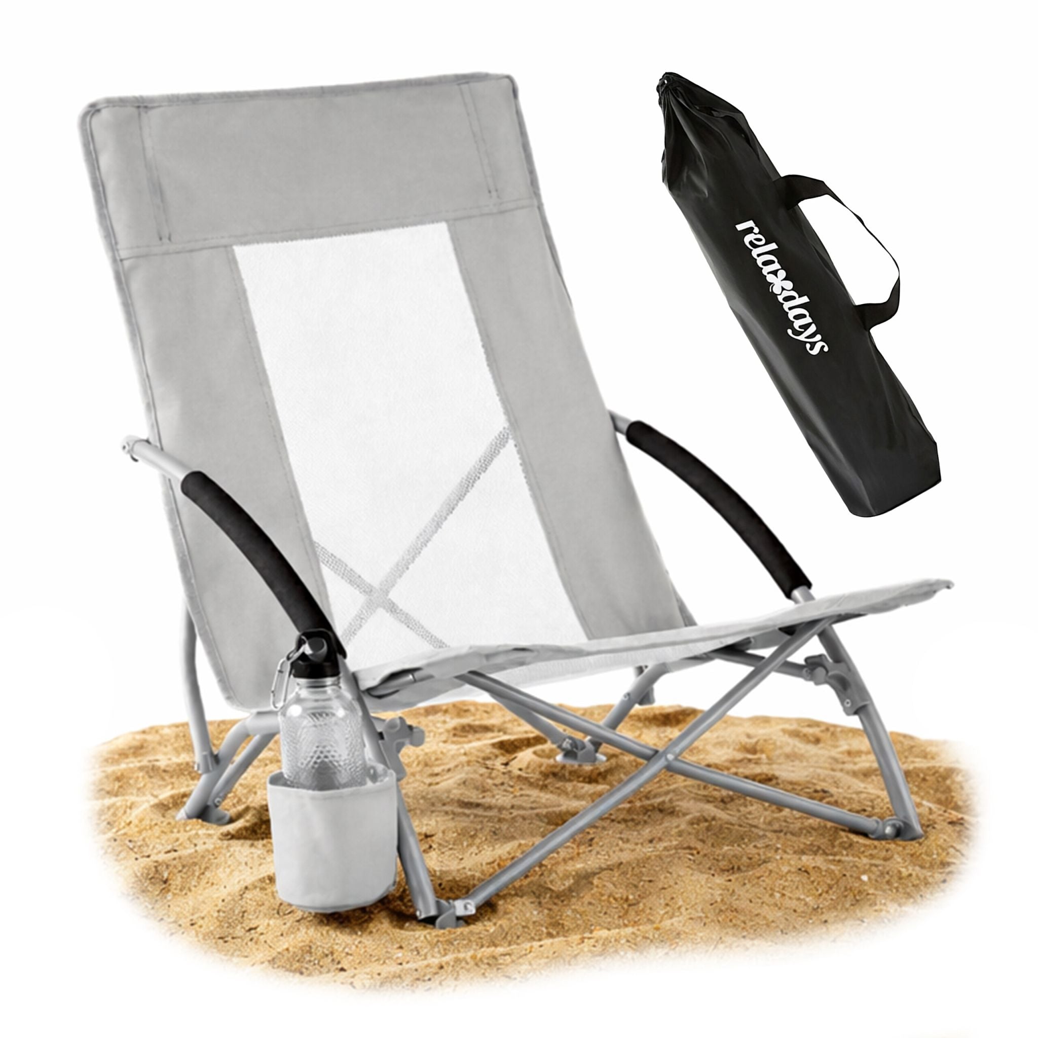 Faltbarer Strandstuhl mit Getränkehalter Weiss-Silber-Grau von Relaxdays