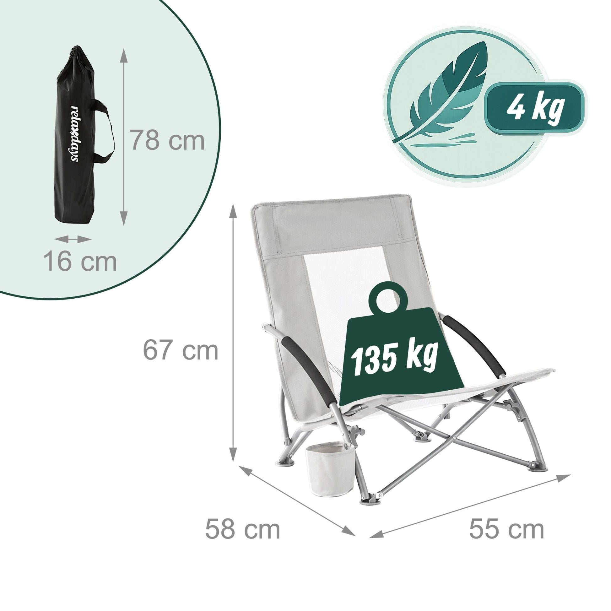 Faltbarer Strandstuhl mit Getränkehalter Weiss-Silber-Grau von Relaxdays