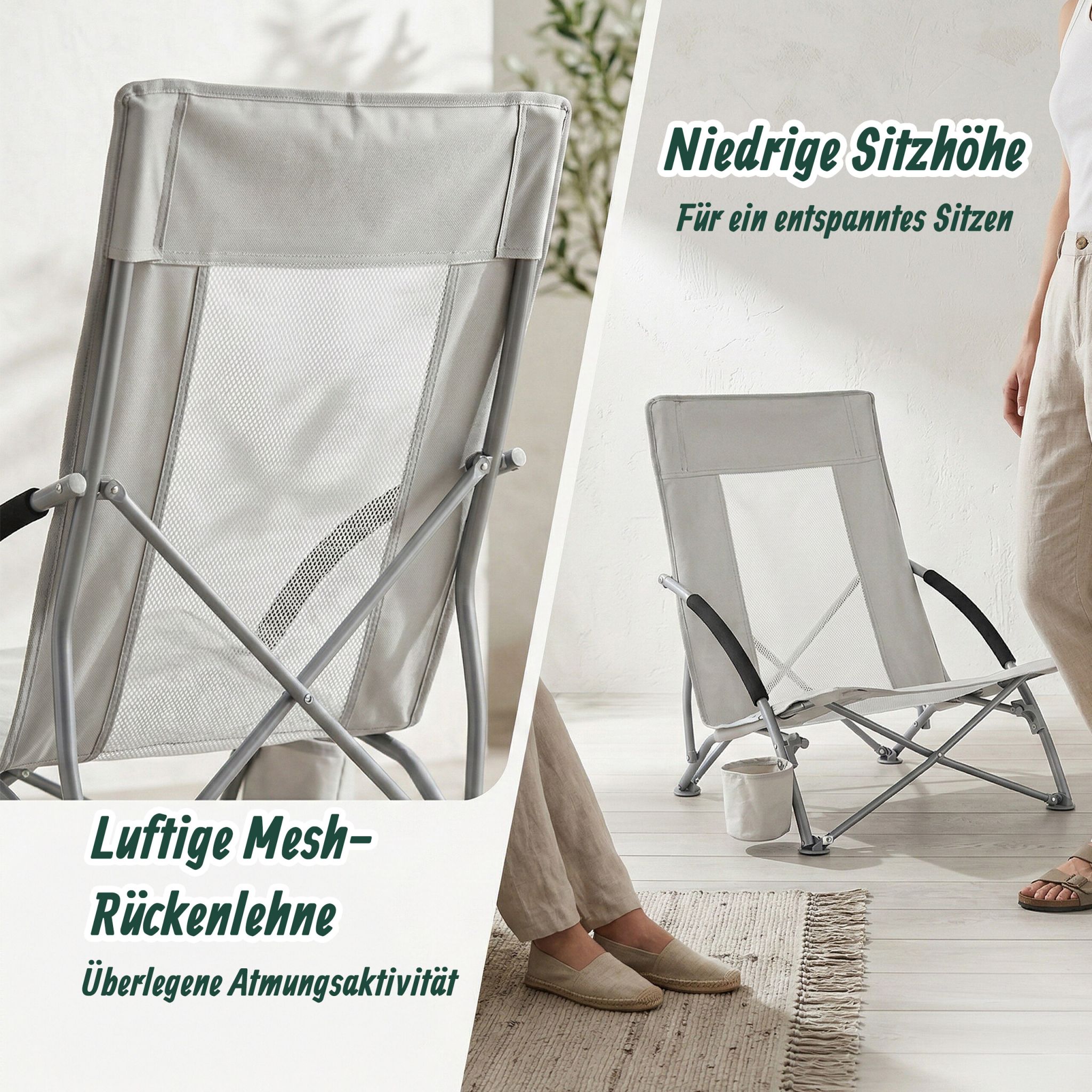 Faltbarer Strandstuhl mit Getränkehalter Weiss-Silber-Grau von Relaxdays