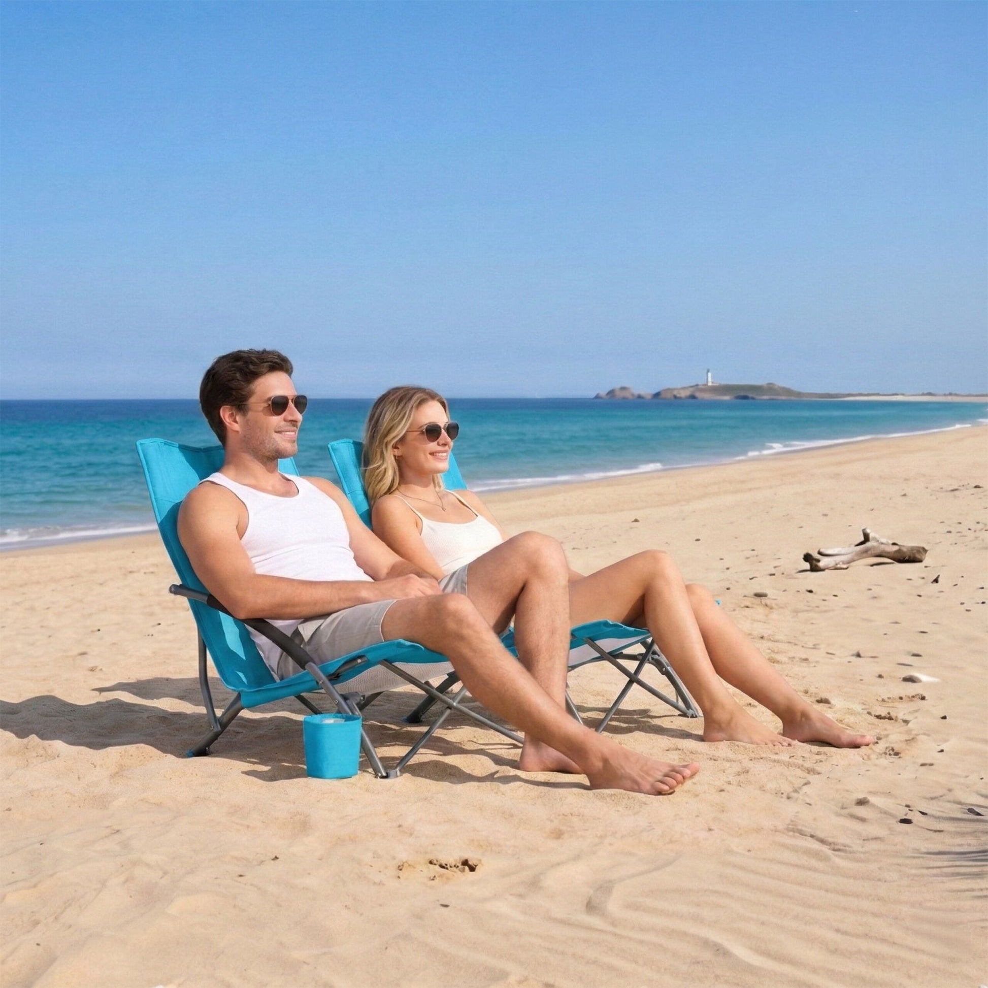 Faltbarer Strandstuhl mit Getränkehalter Weiss-Blau-Silber von Relaxdays