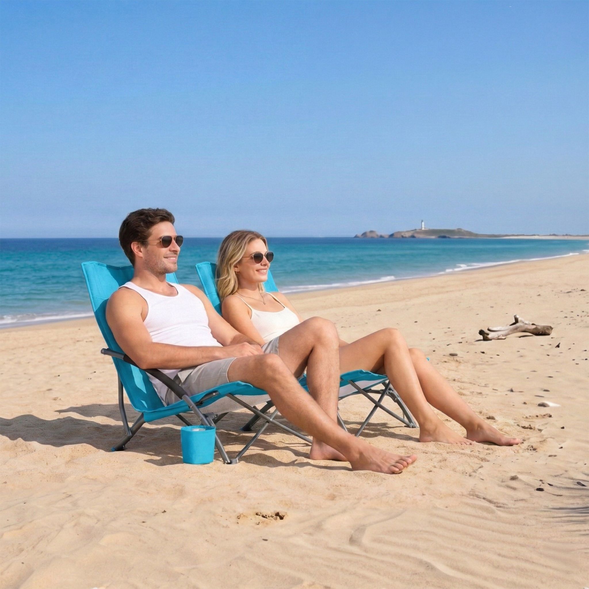 Faltbarer Strandstuhl mit Getränkehalter Weiss-Blau-Silber von Relaxdays