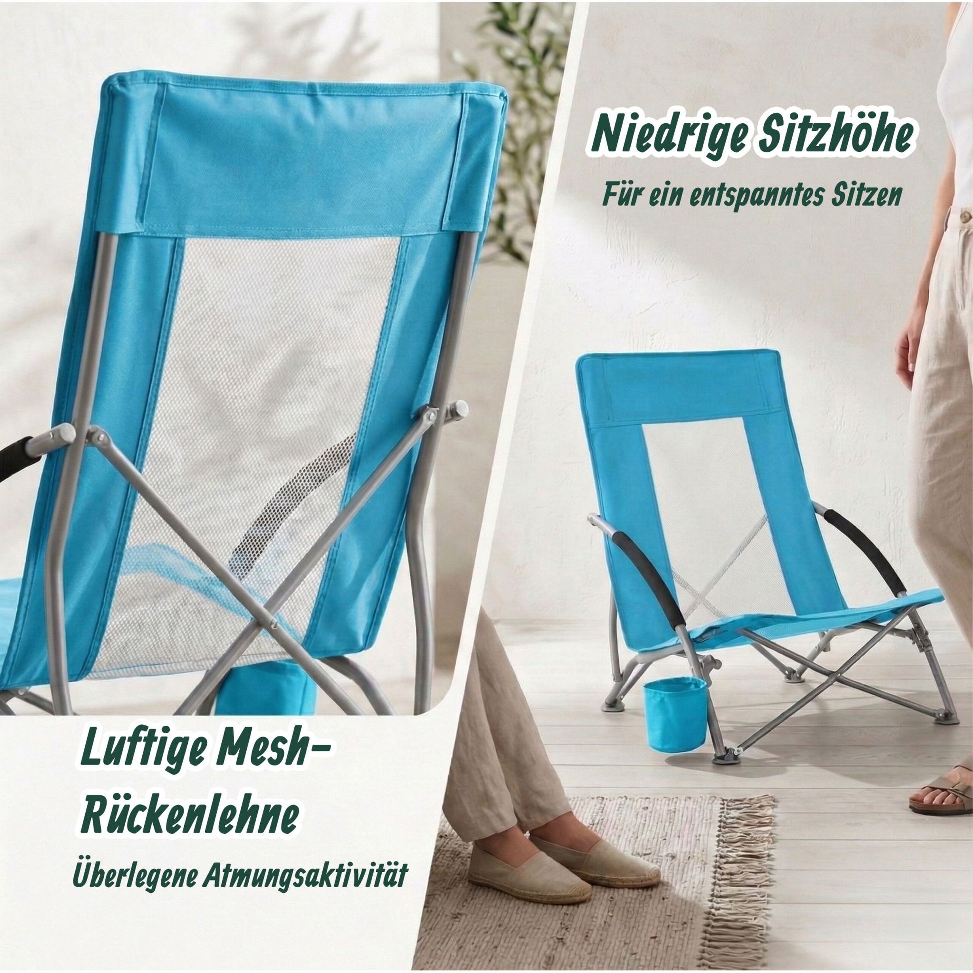 Faltbarer Strandstuhl mit Getränkehalter Weiss-Blau-Silber von Relaxdays