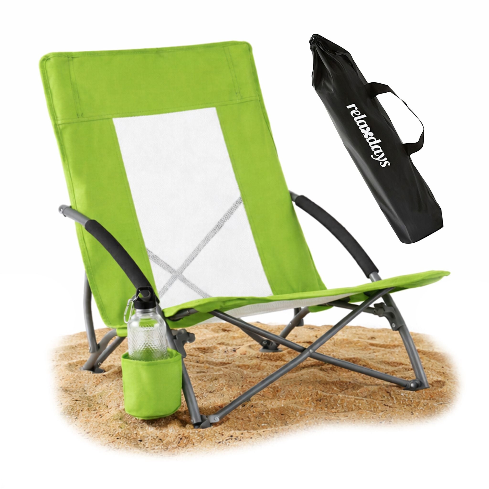 Faltbarer Strandstuhl mit Getränkehalter Weiss-Grün-Silber von Relaxdays
