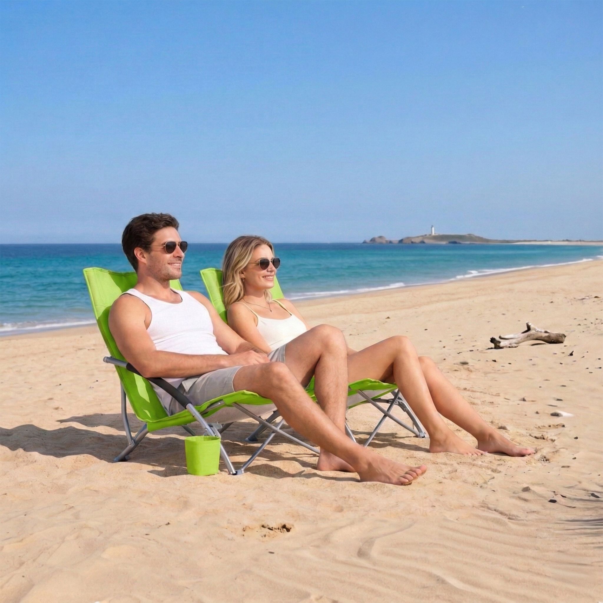 Faltbarer Strandstuhl mit Getränkehalter Weiss-Grün-Silber von Relaxdays