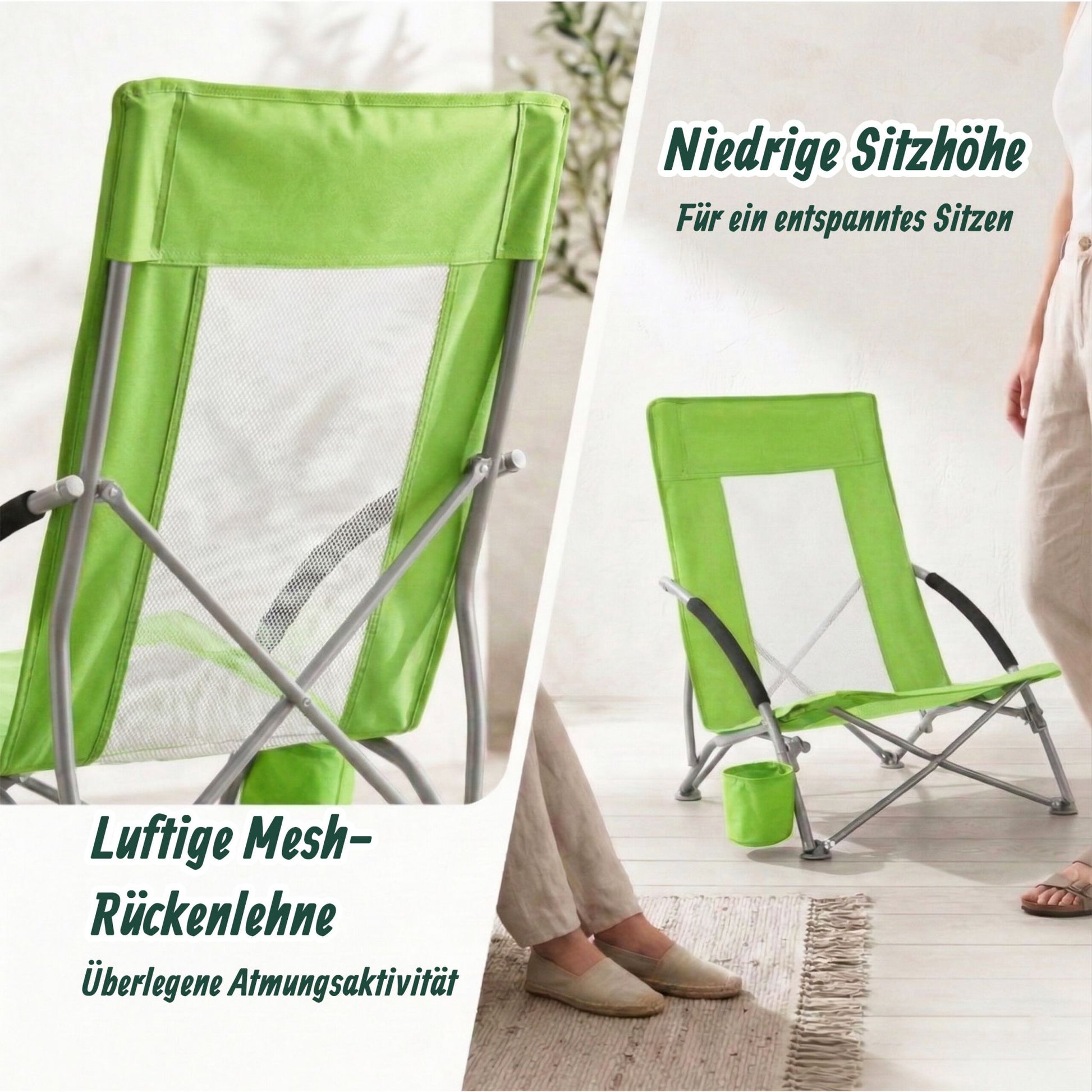 Faltbarer Strandstuhl mit Getränkehalter Weiss-Grün-Silber von Relaxdays