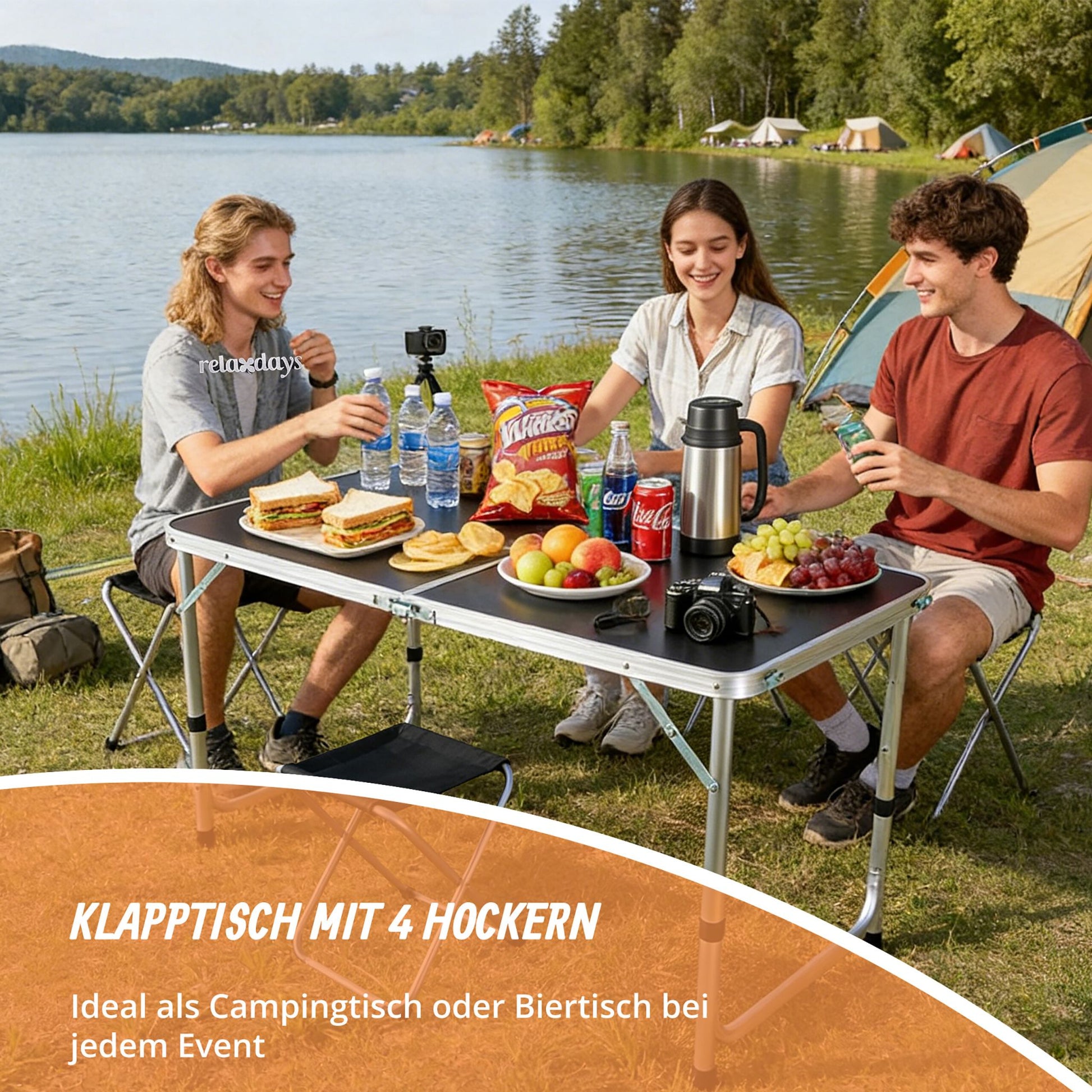 Campingtisch mit 4 Hockern Schwarz-Silber von Relaxdays