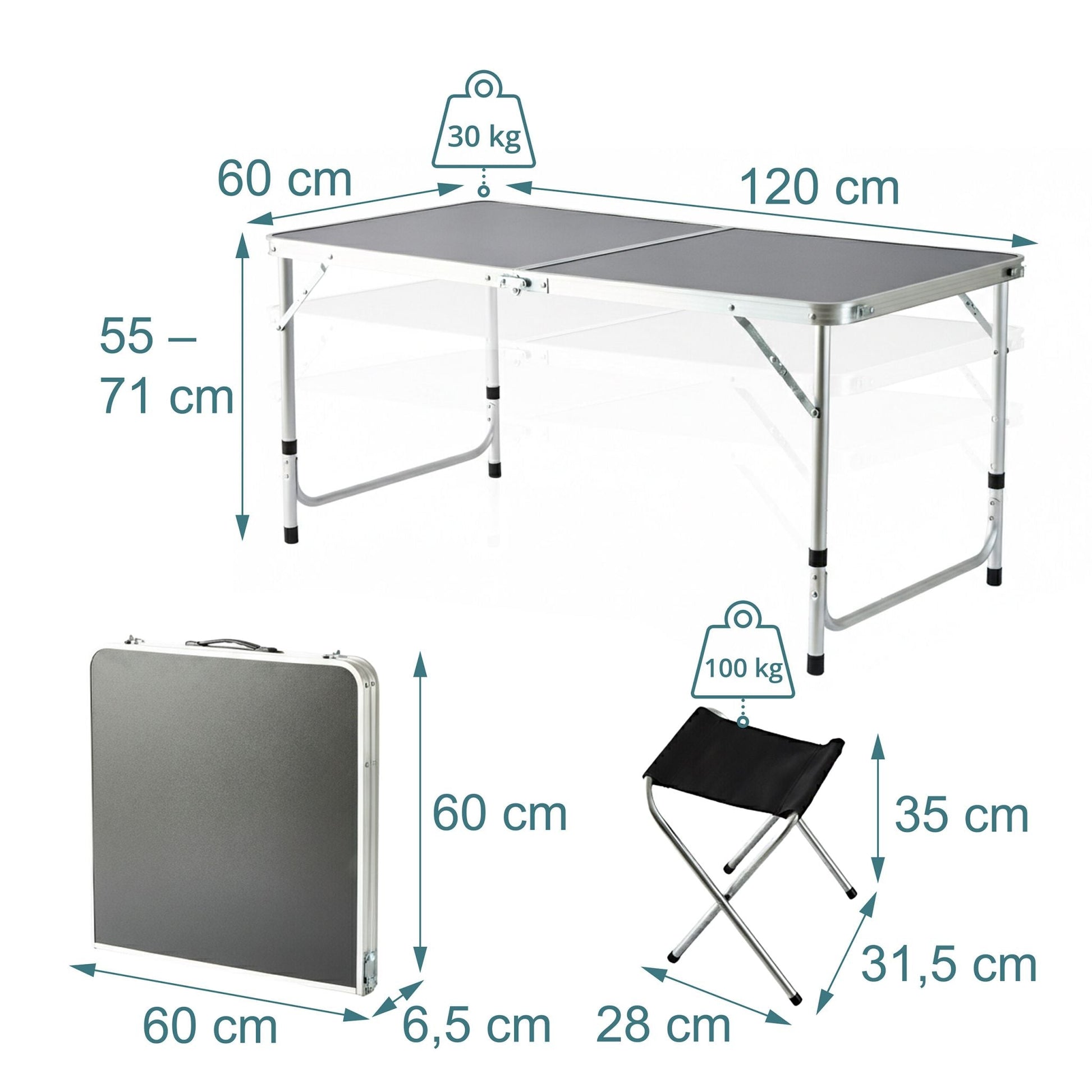 Campingtisch mit 4 Hockern Schwarz-Silber von Relaxdays