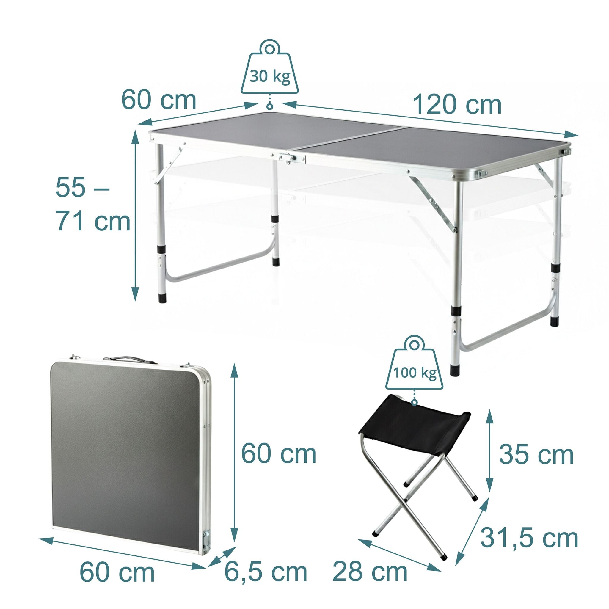 Campingtisch mit 4 Hockern Schwarz-Silber von Relaxdays