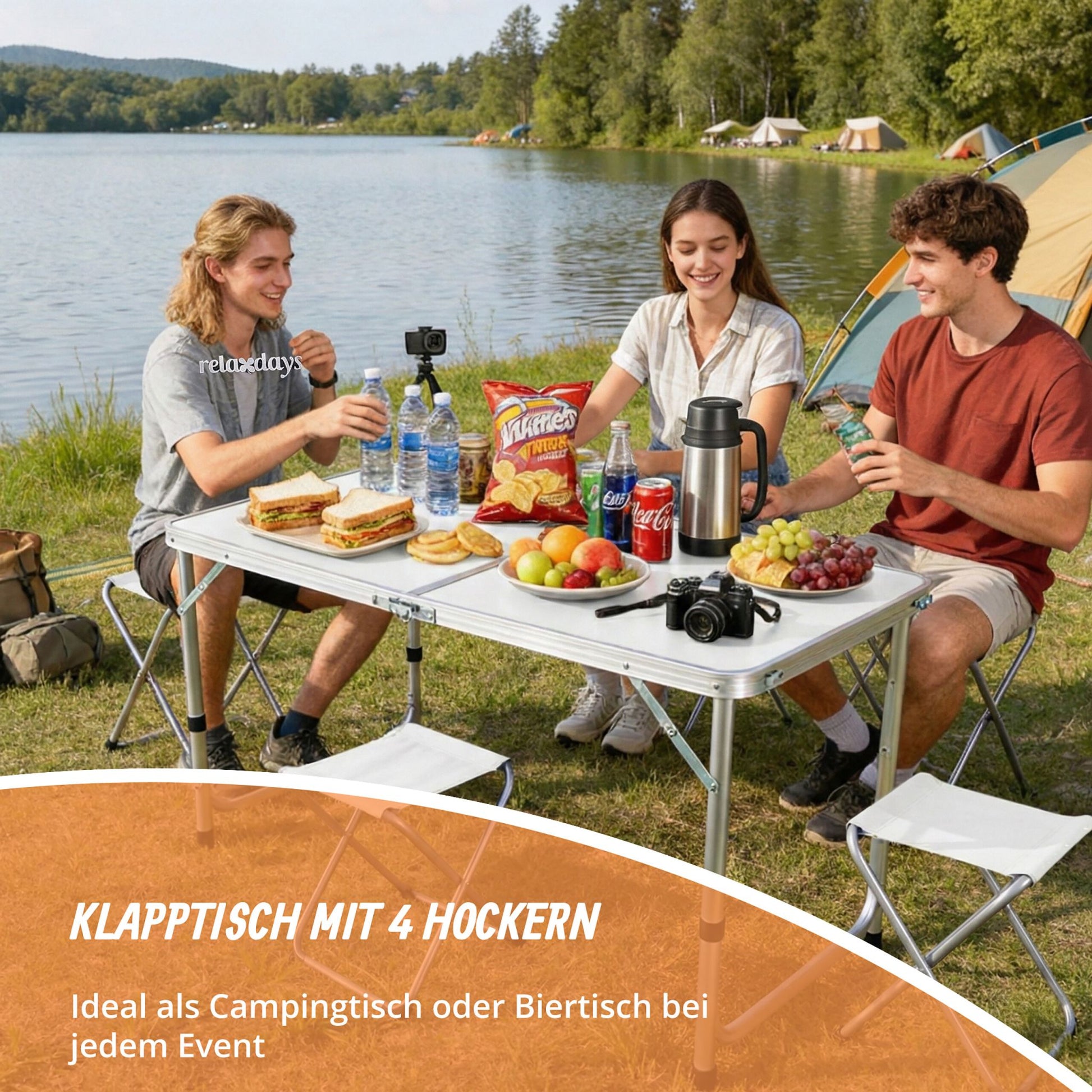 Campingtisch mit 4 Hockern Weiss-Silber von Relaxdays