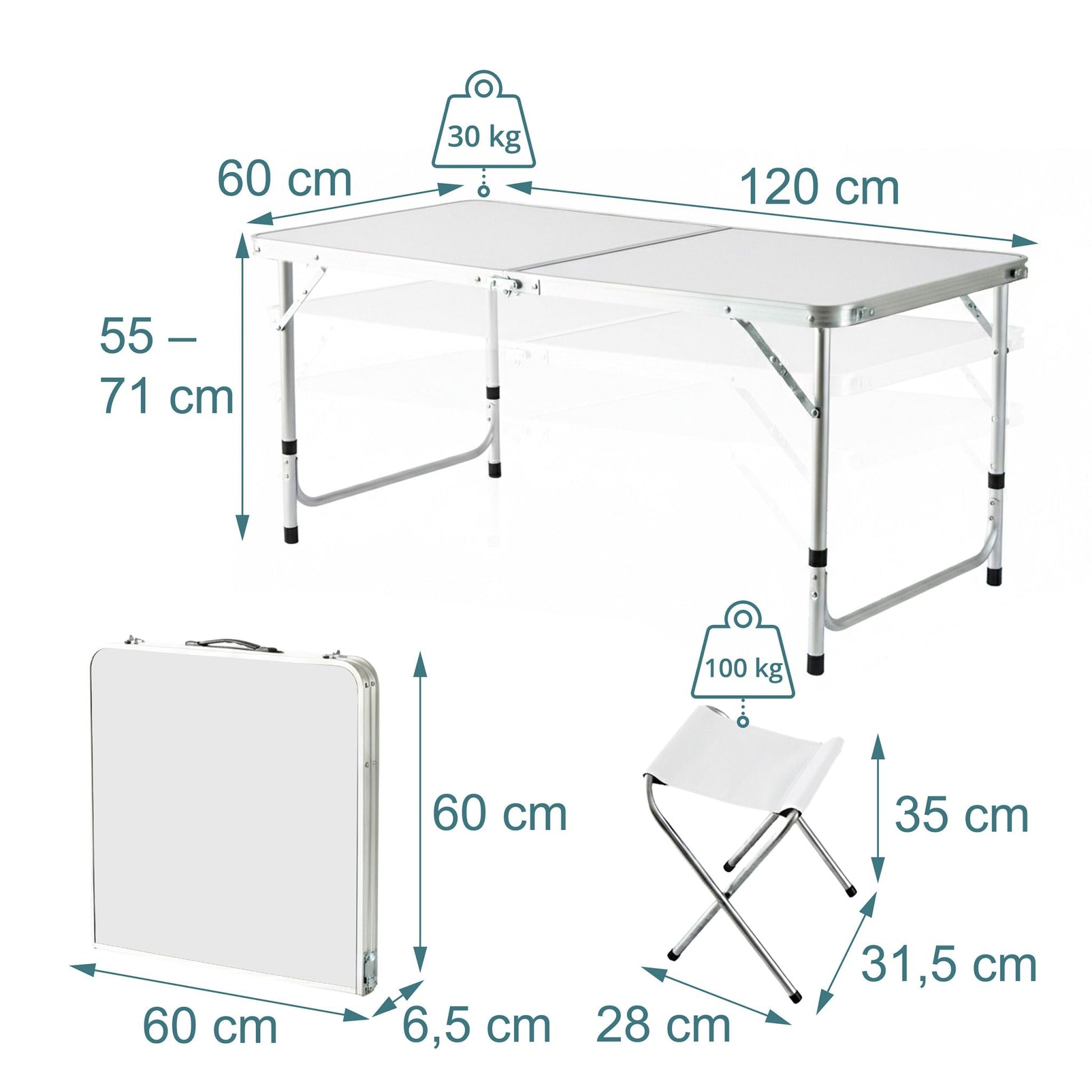 Campingtisch mit 4 Hockern Weiss-Silber von Relaxdays