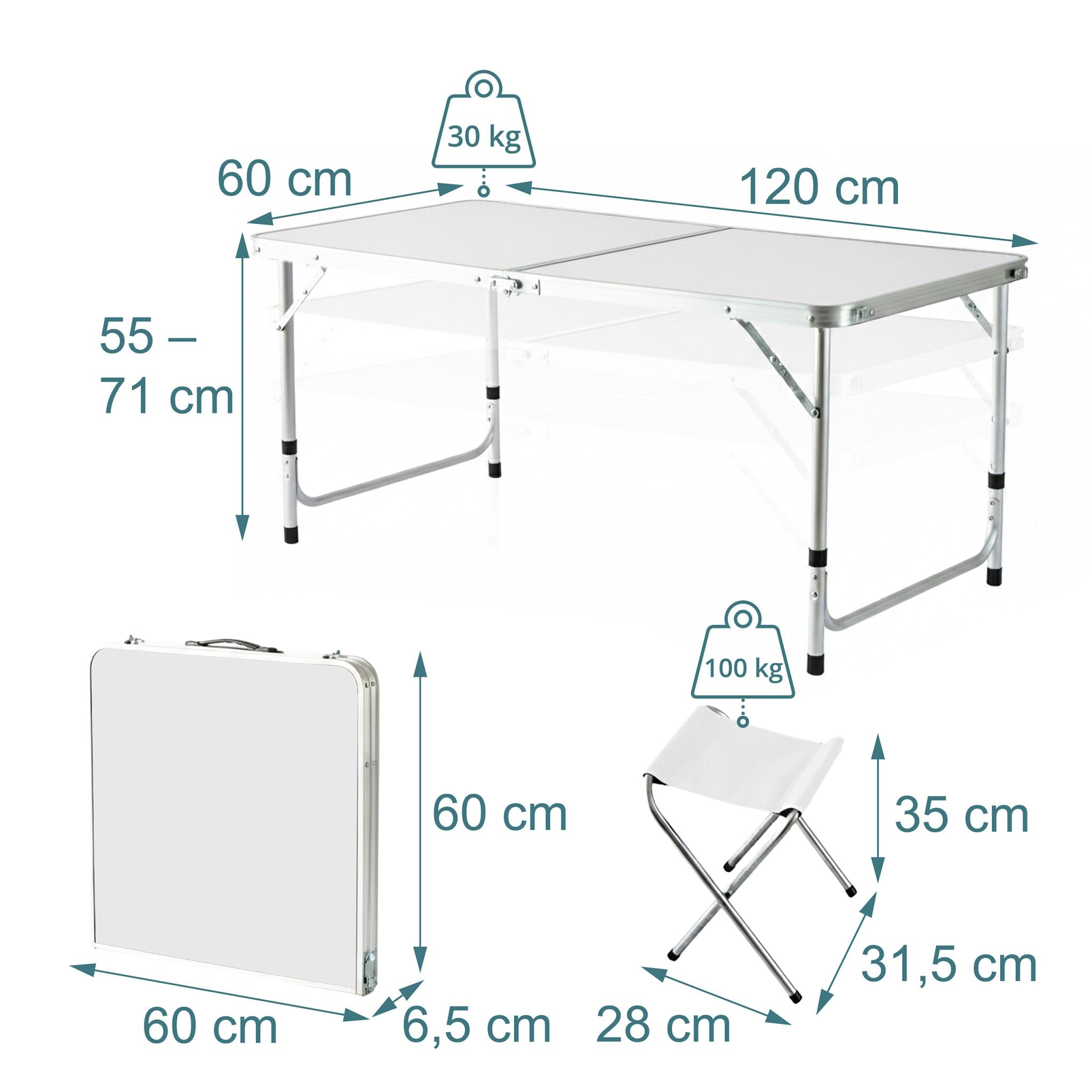 Campingtisch mit 4 Hockern Weiss-Silber von Relaxdays