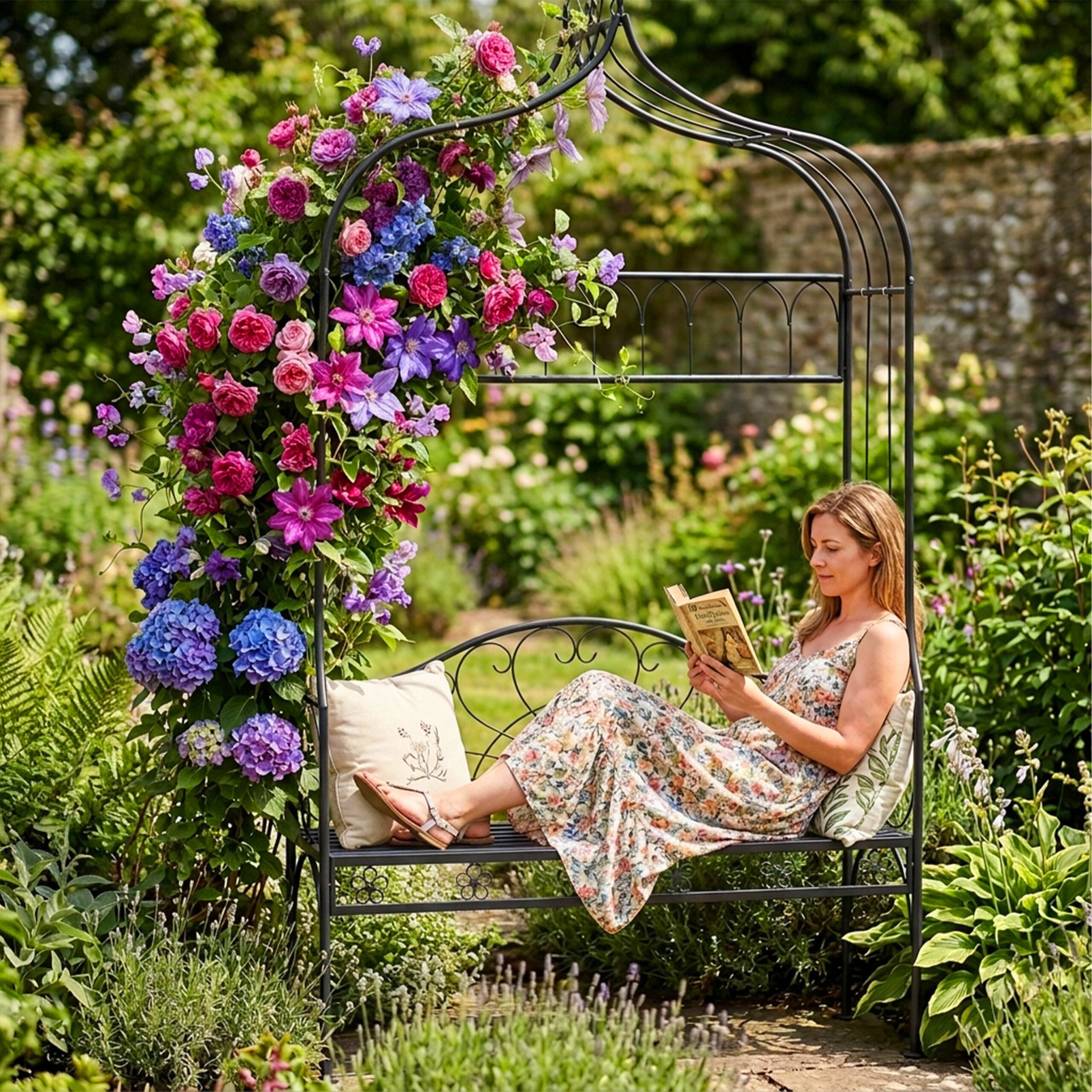 Rosenbogen mit Gartenbank Schwarz von Relaxdays
