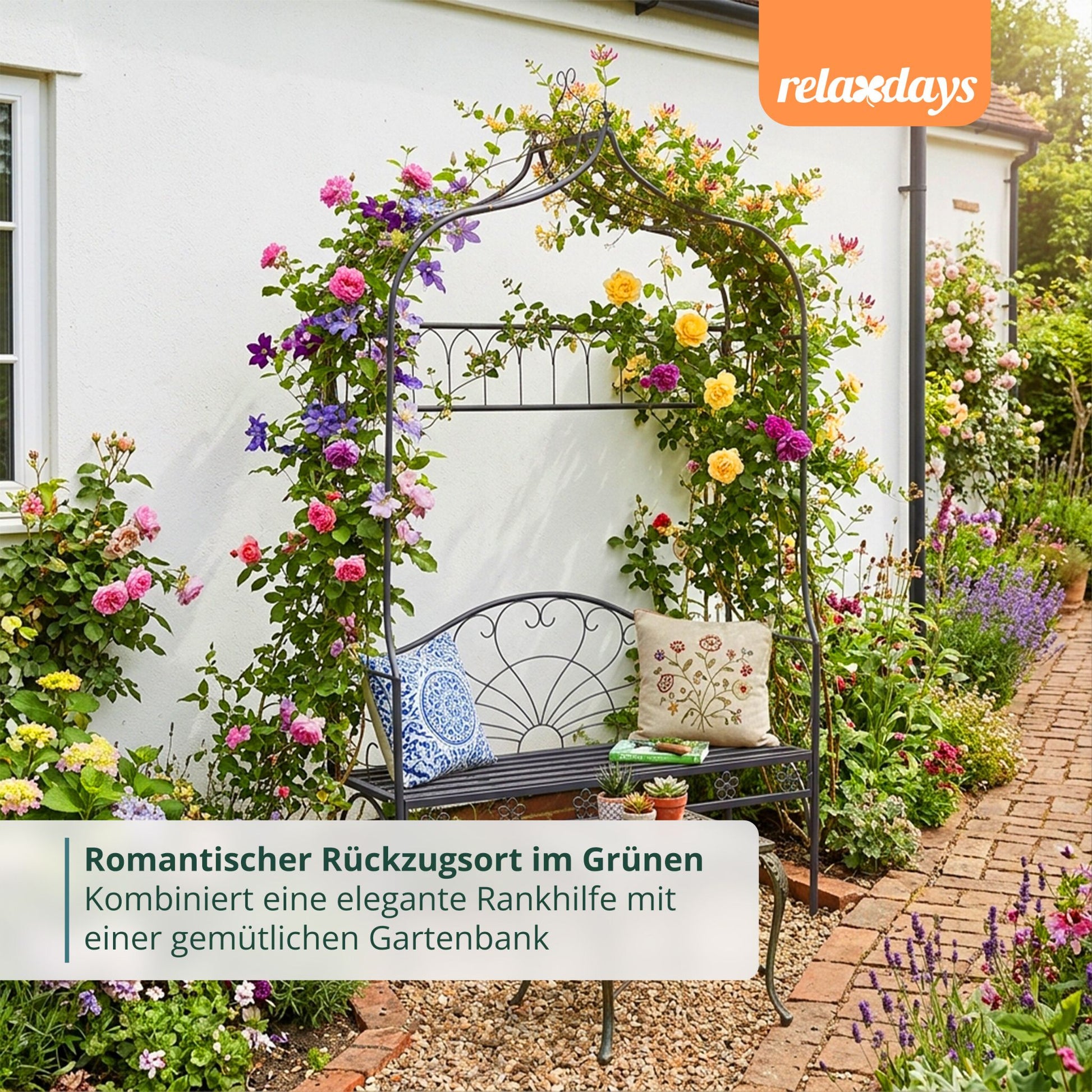 Rosenbogen mit Gartenbank Schwarz von Relaxdays